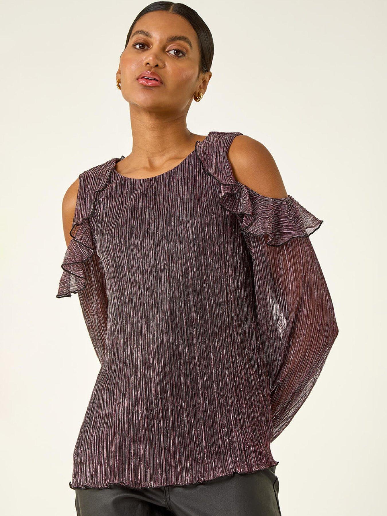 Image 6 of 6 of Roman Shimmer Cold Shoulder Plisse Top - Pink