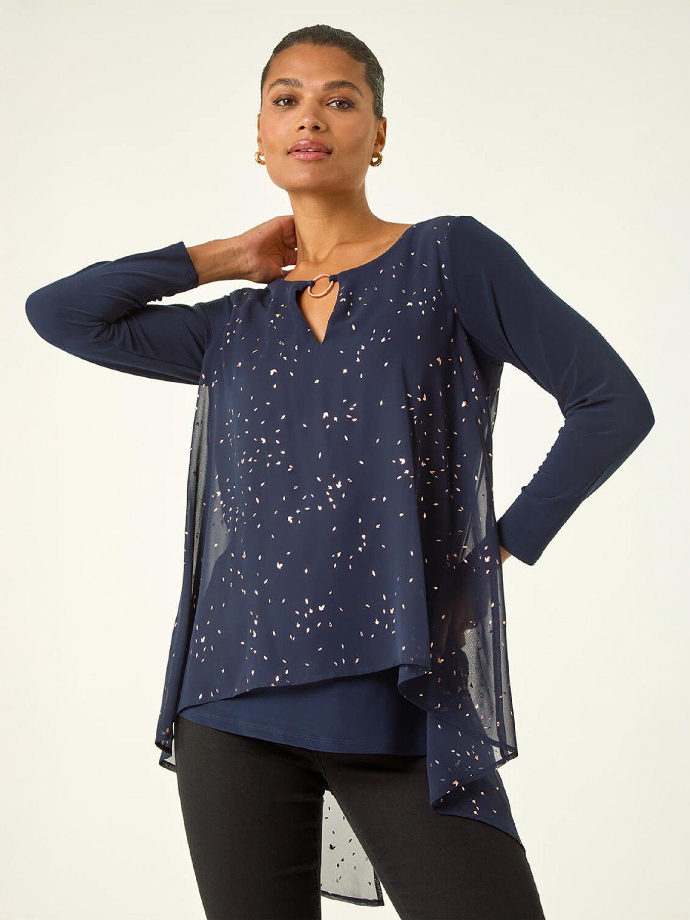 Roman Ring Front Foil Tunic Top - Navy