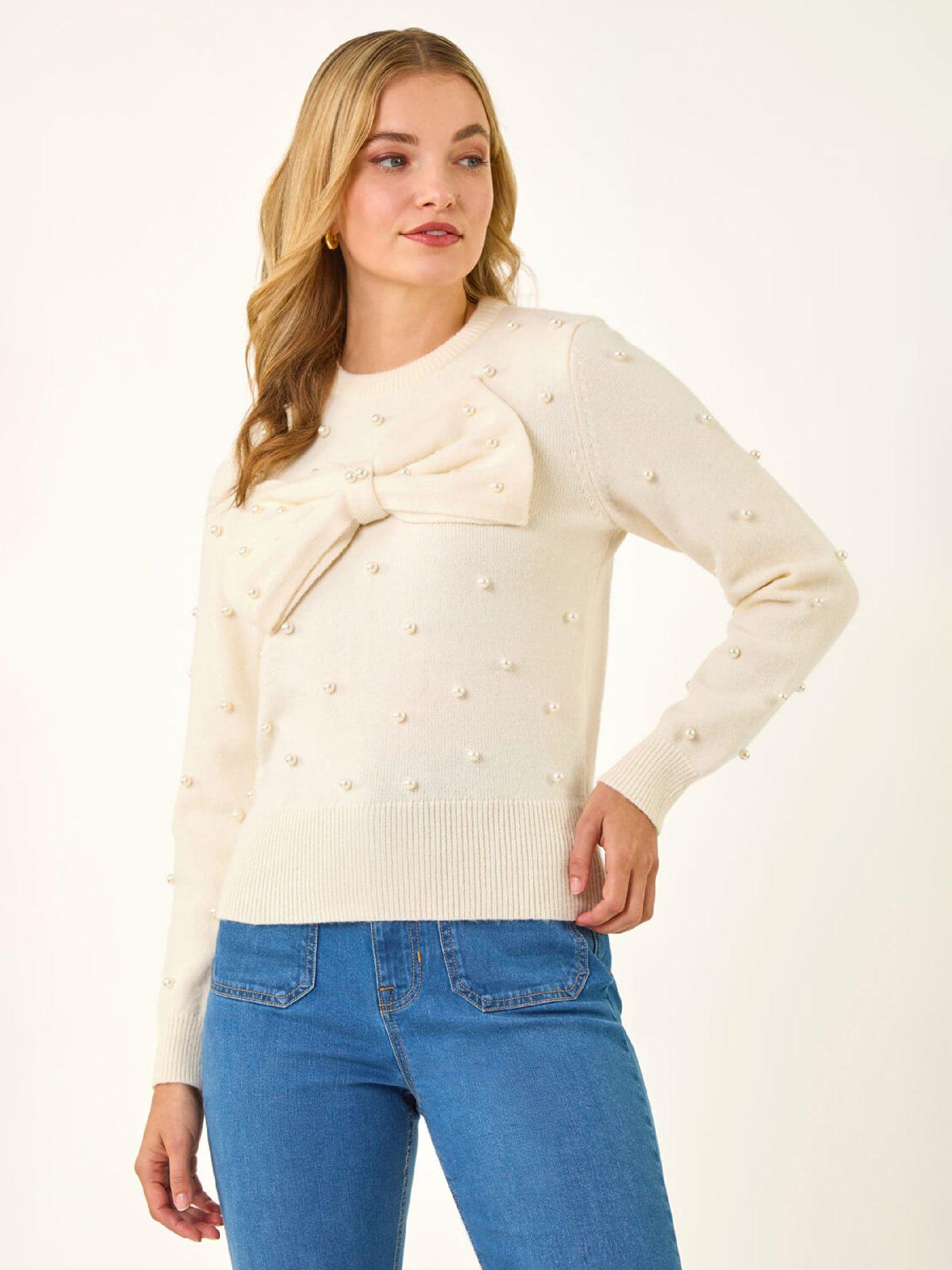 Roman Dusk Pearl Bow Knit Jumper - Ivory