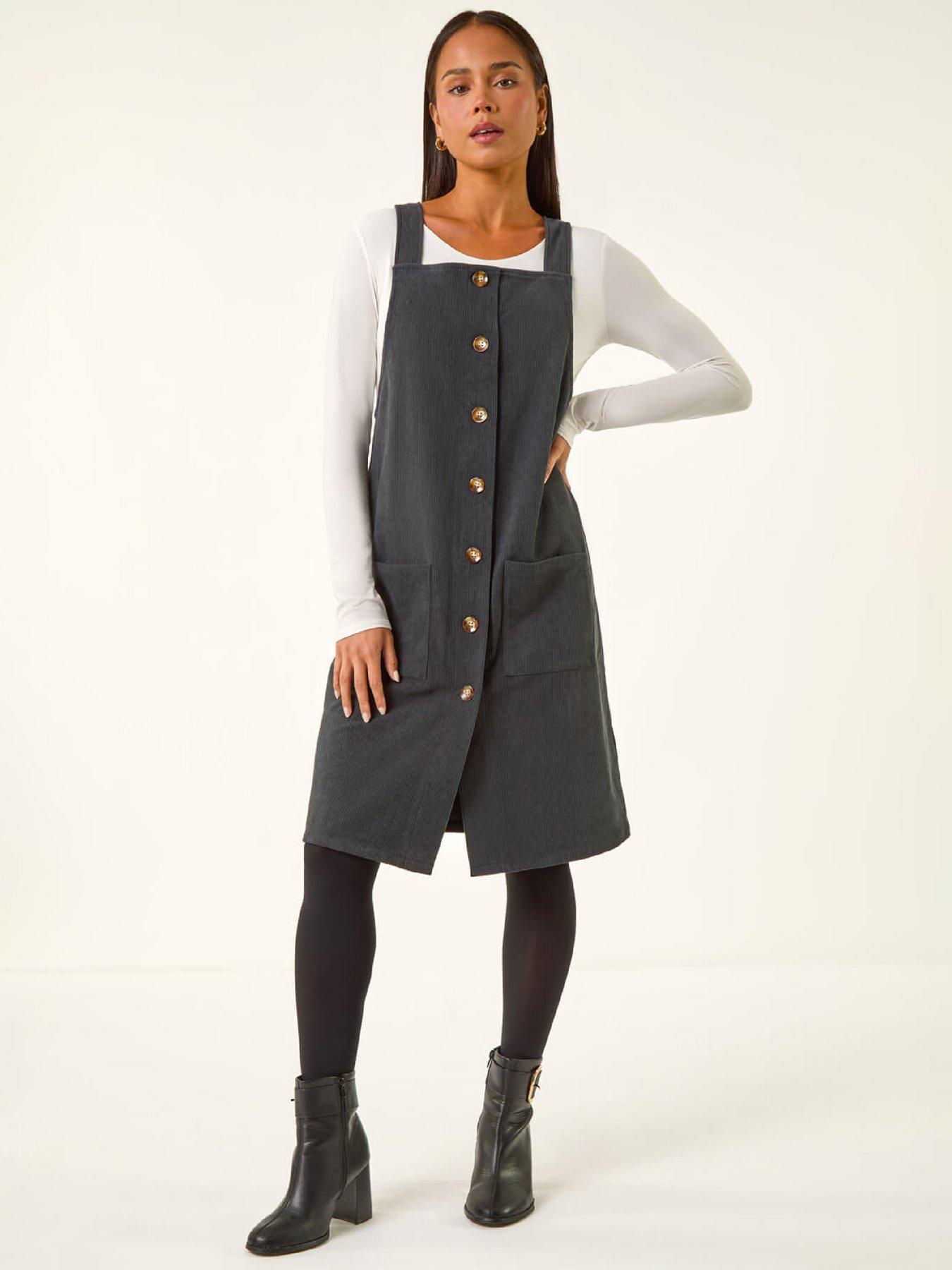 Roman Petite Corduroy Pinny Dress - Grey