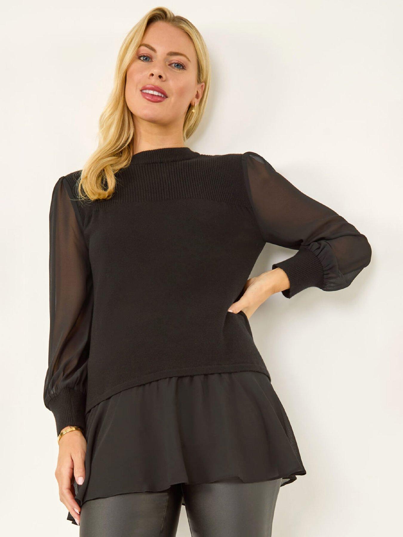Roman Petite Contrast Chiffon Knit Jumper - Black