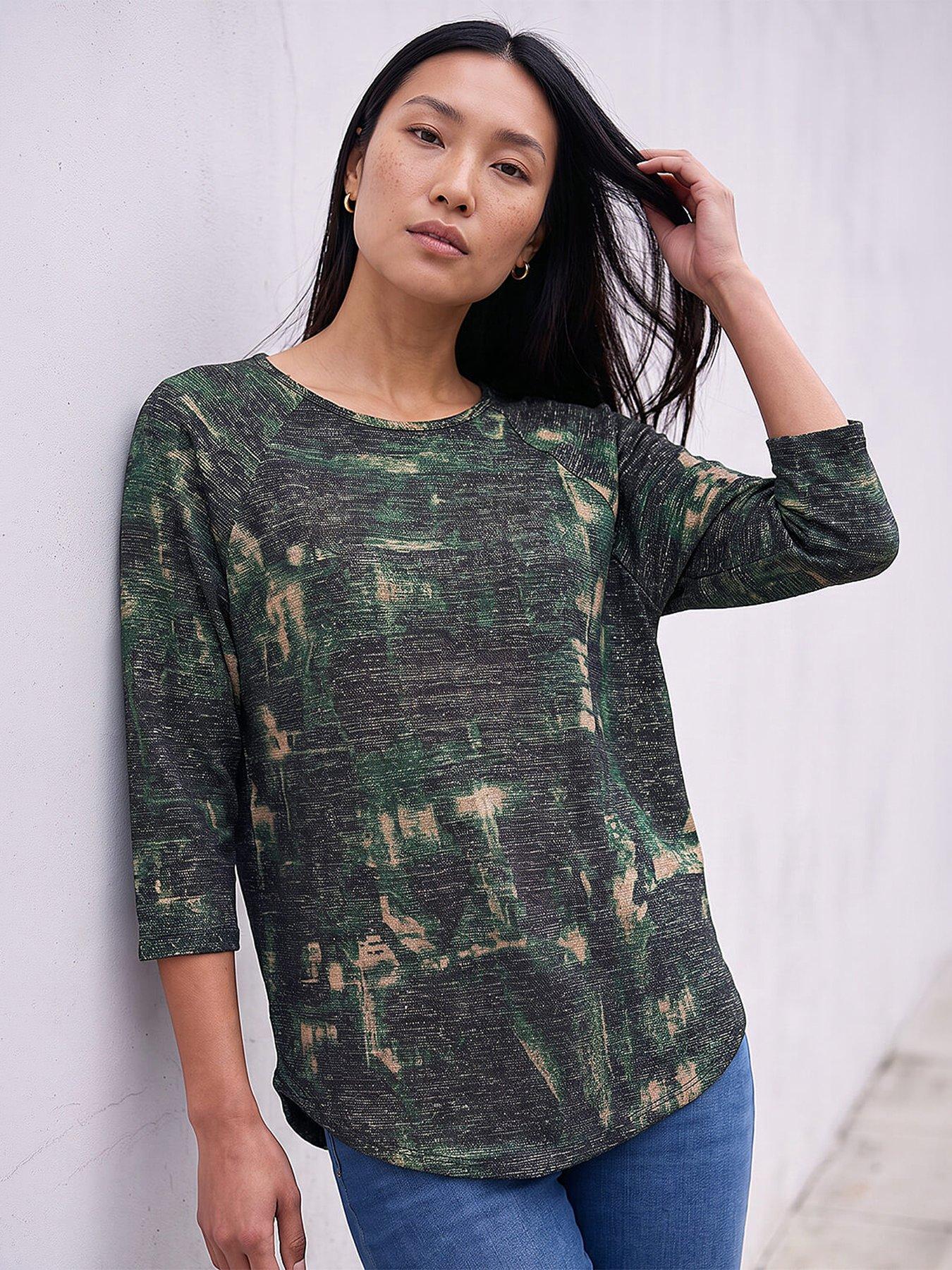 Roman Textured Printed Stretch Top, Green, Size 12, Women