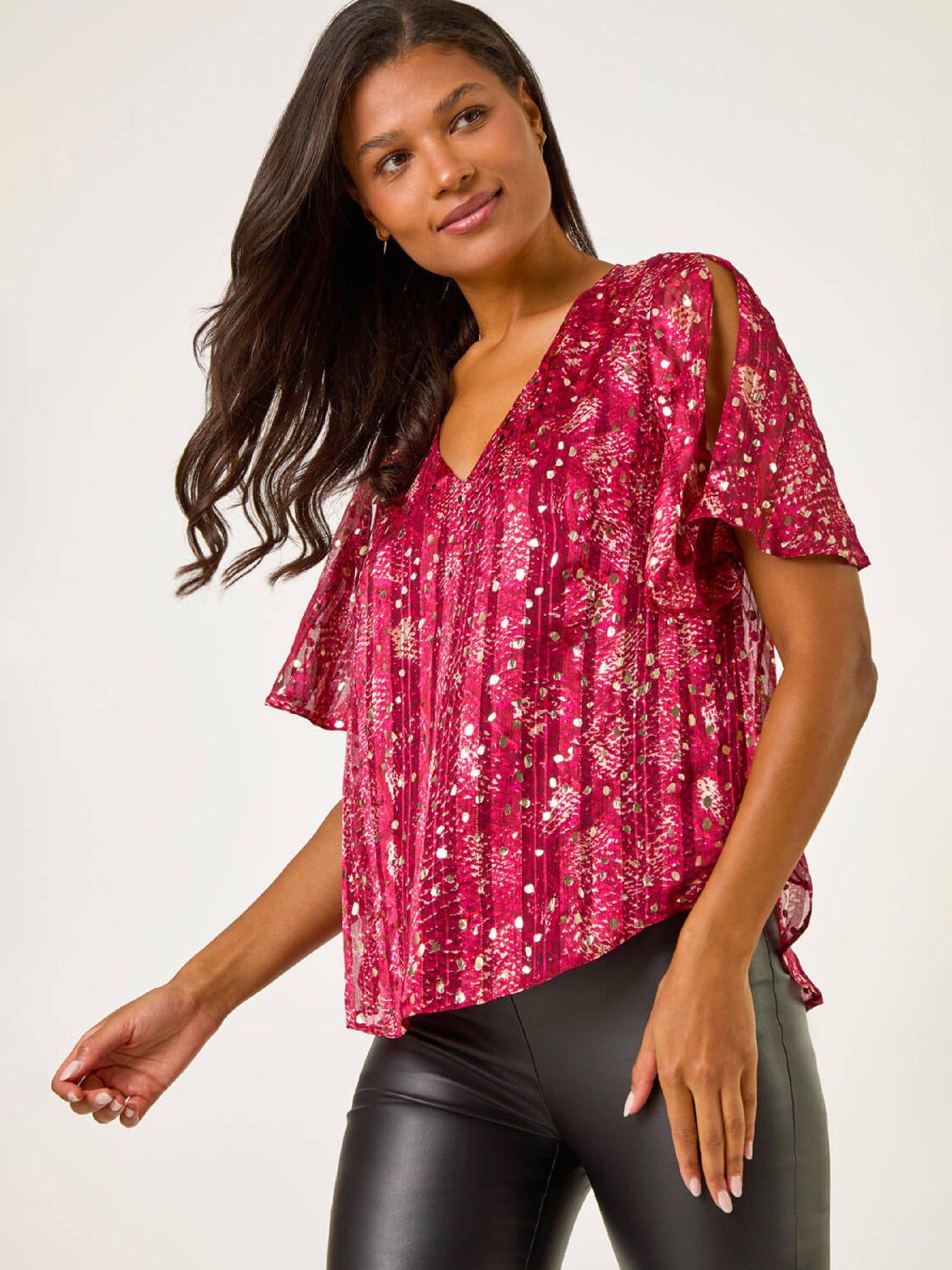 Roman Metallic Angel Sleeve V-neck Top - Red