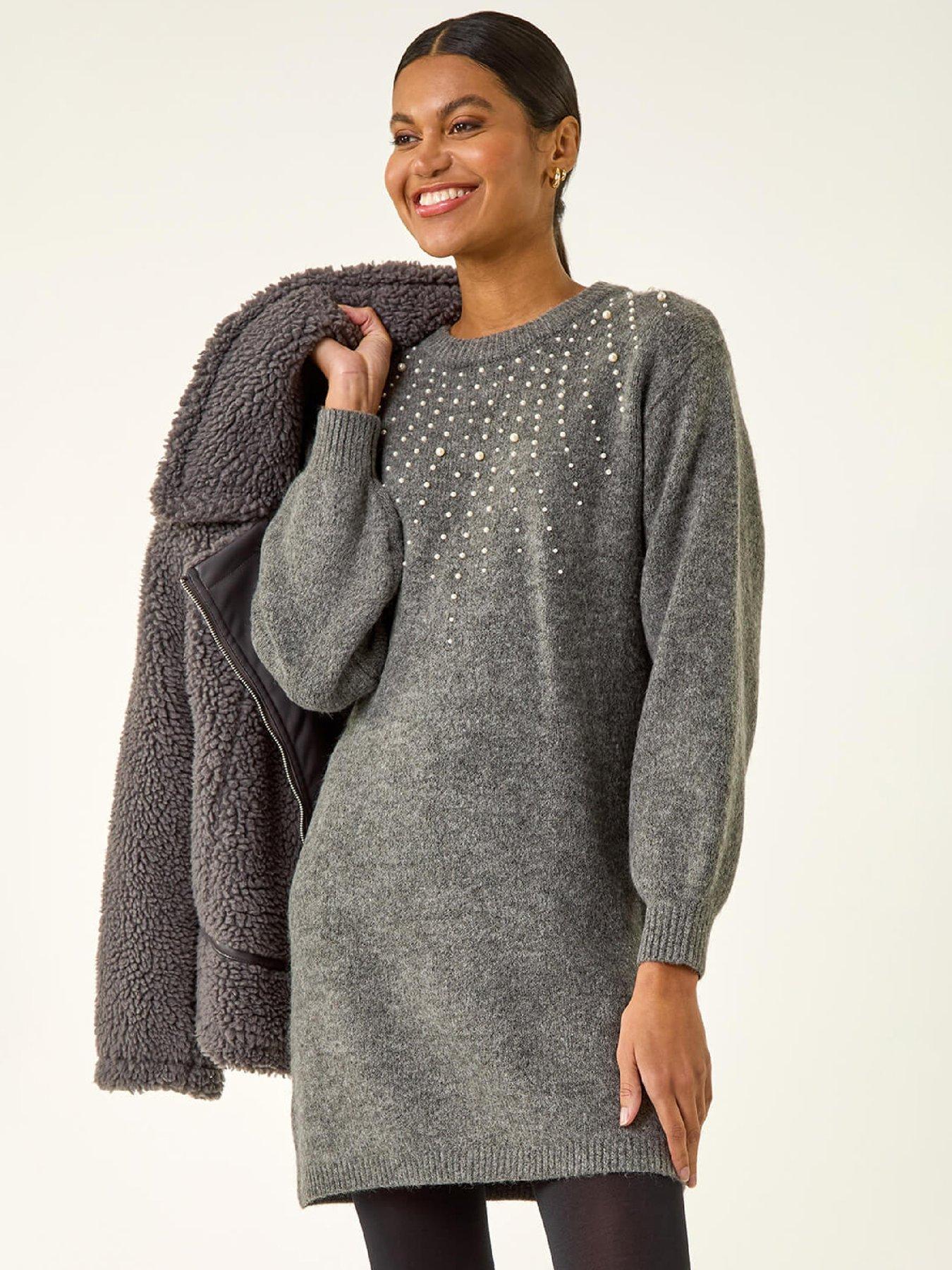 Roman Faux Pearl Knit Dress - Grey