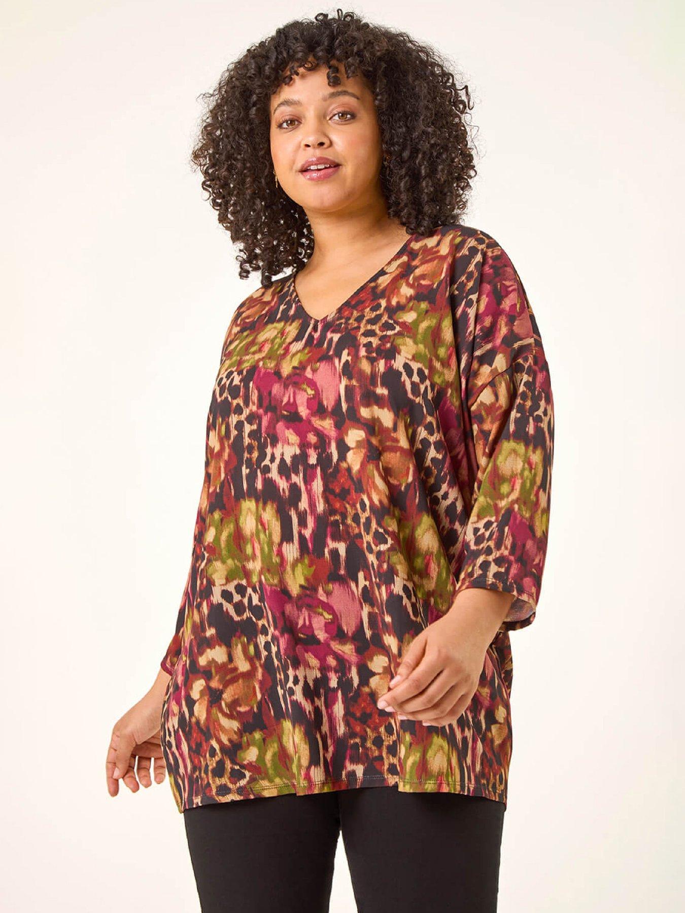 Roman Curve Animal Print V-neck Top, Beige, Size 16, Women