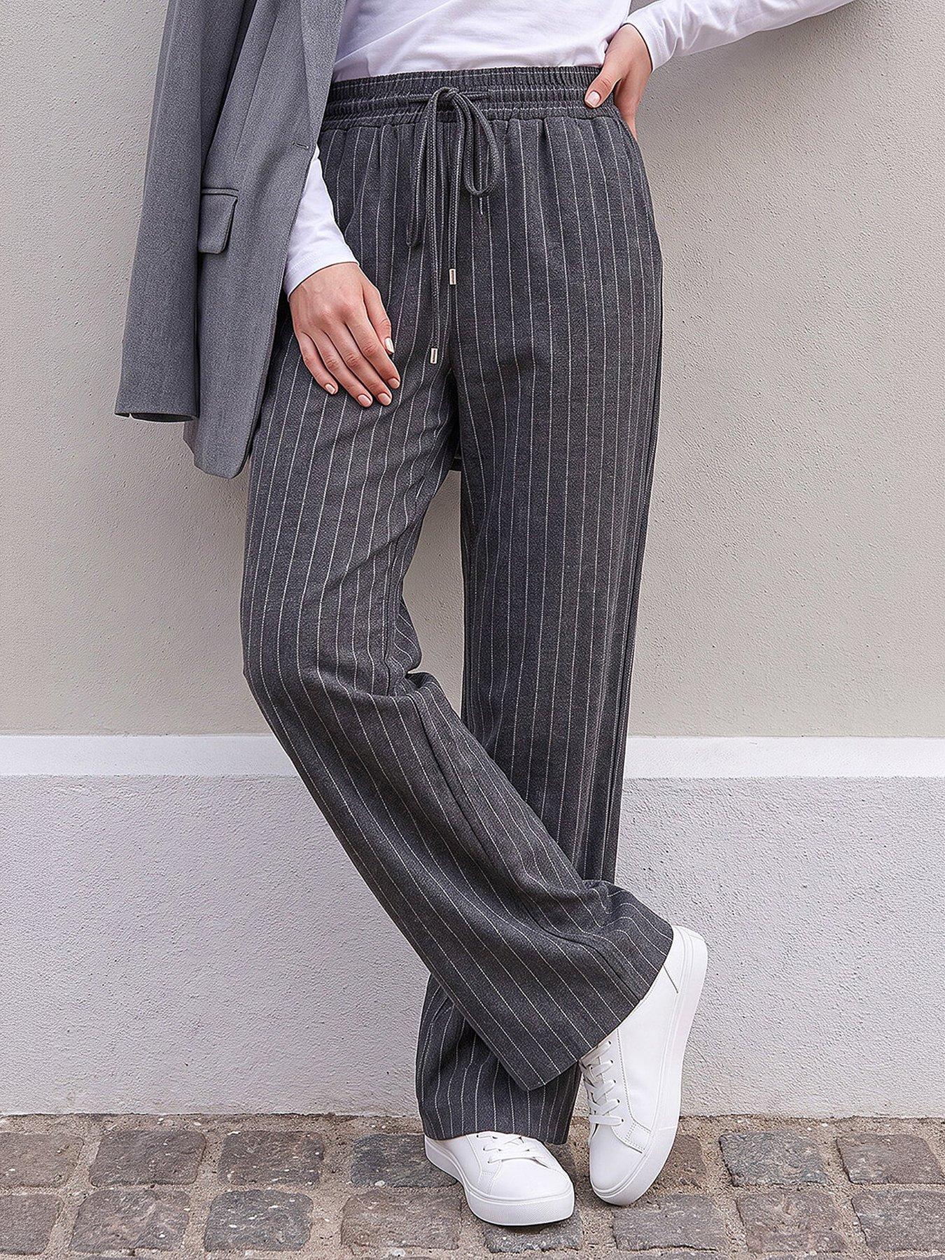 Roman Petite Stripe Wide Leg Stretch Trouser, Grey, Size 10, Women
