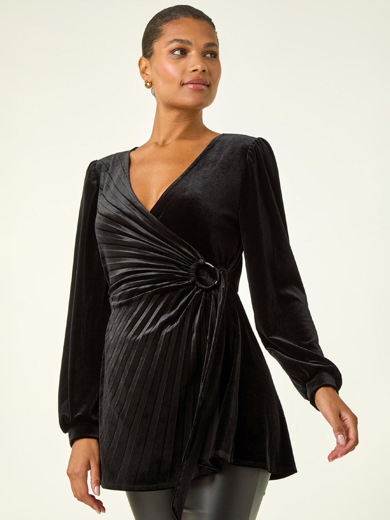 Roman Velvet Pleated Wrap Top - Black