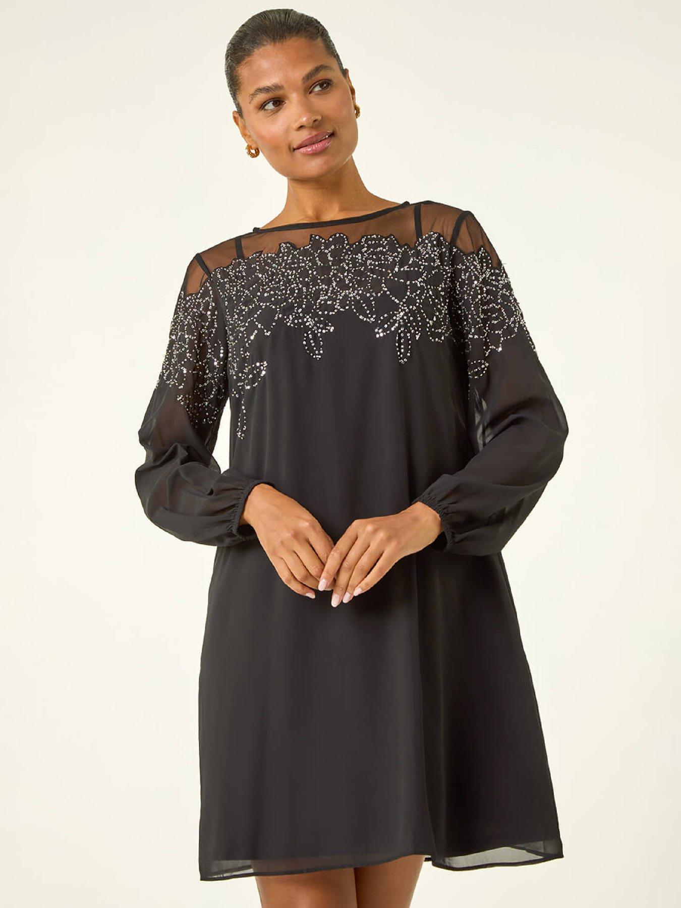 Image 3 of 5 of Roman Sequin Mesh Neck Sequin Dress - Black