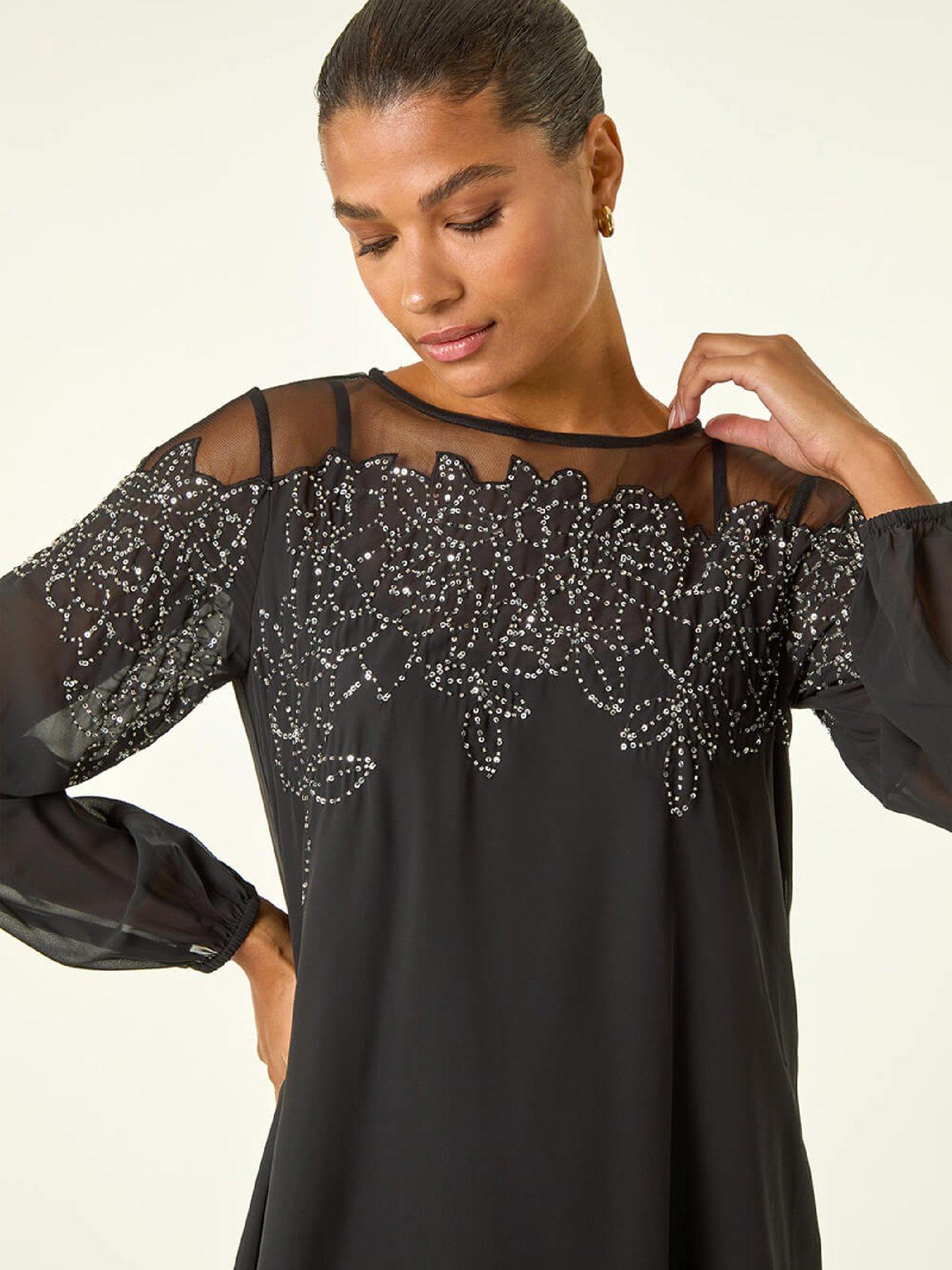 Image 4 of 5 of Roman Sequin Mesh Neck Sequin Dress - Black