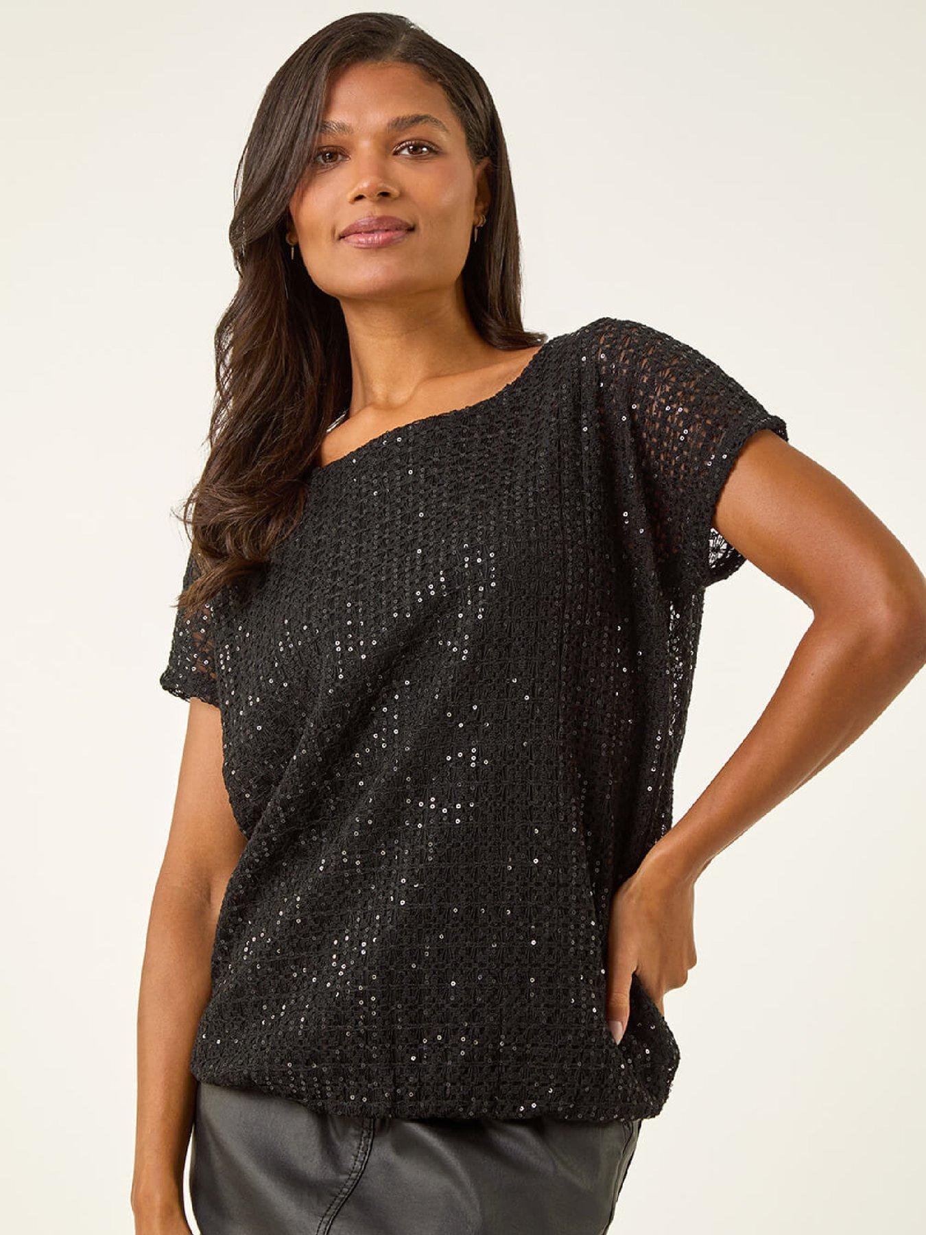 Roman Sequin Cut Out Top - Black