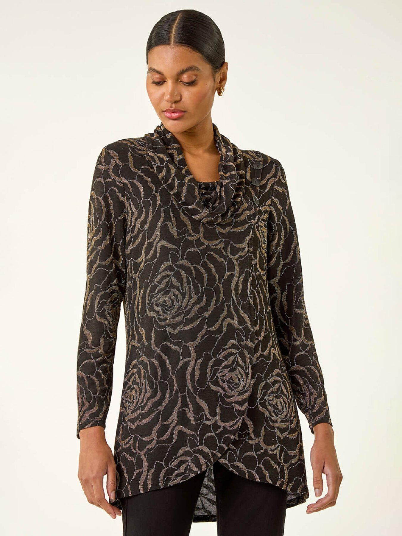 Roman Jacquard Cowl Neck Stretch Top - Gold