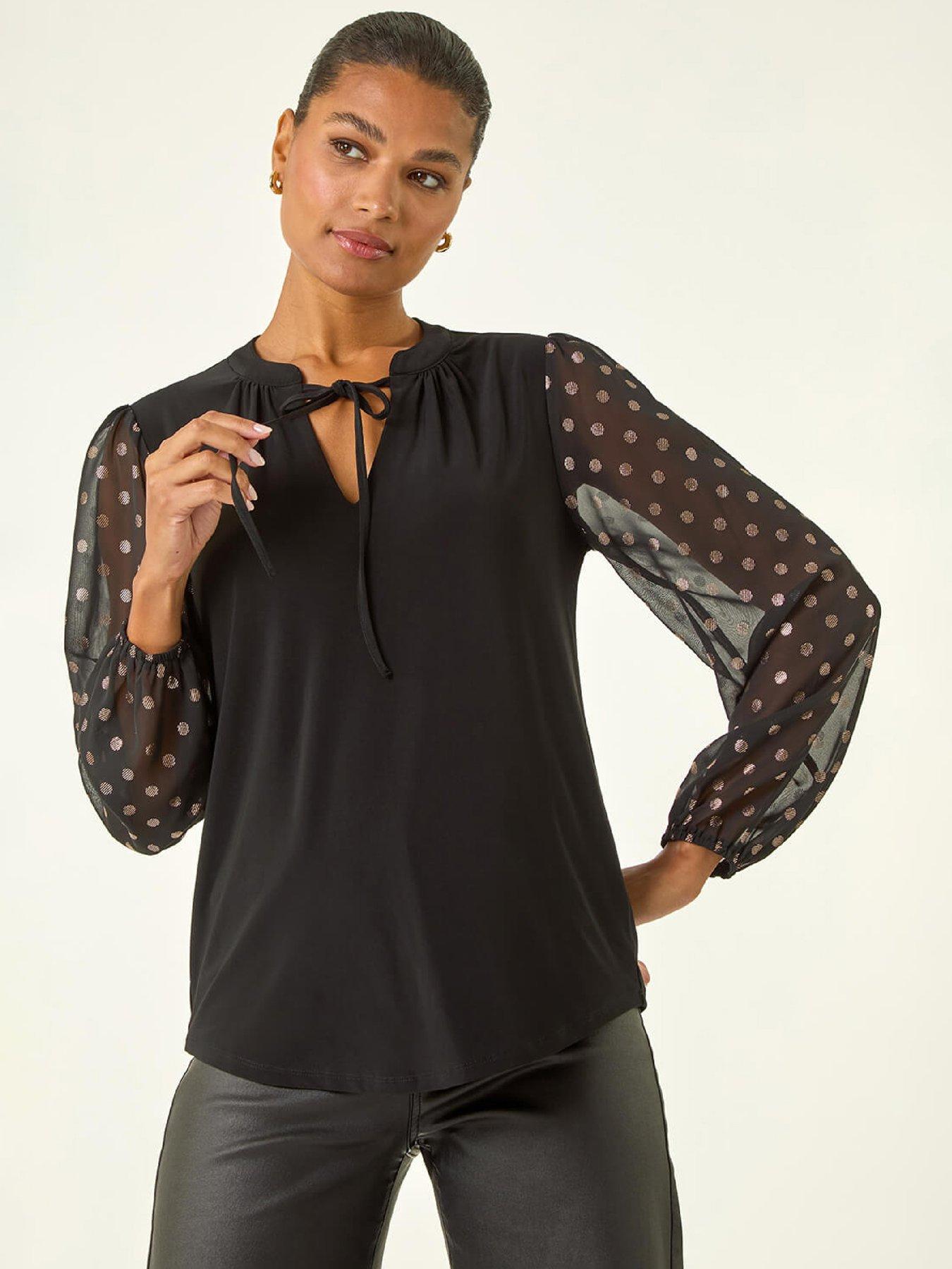 Roman Chiffon Foil Spot Top - Black