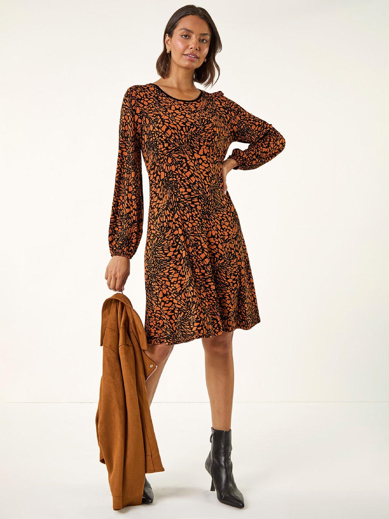 Roman Abstract Print Gathered Stretch Dress - Tan