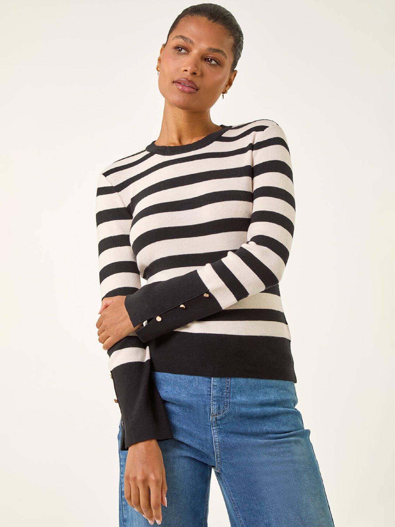 Roman Stripe Button Detail Knit Jumper - Ivory