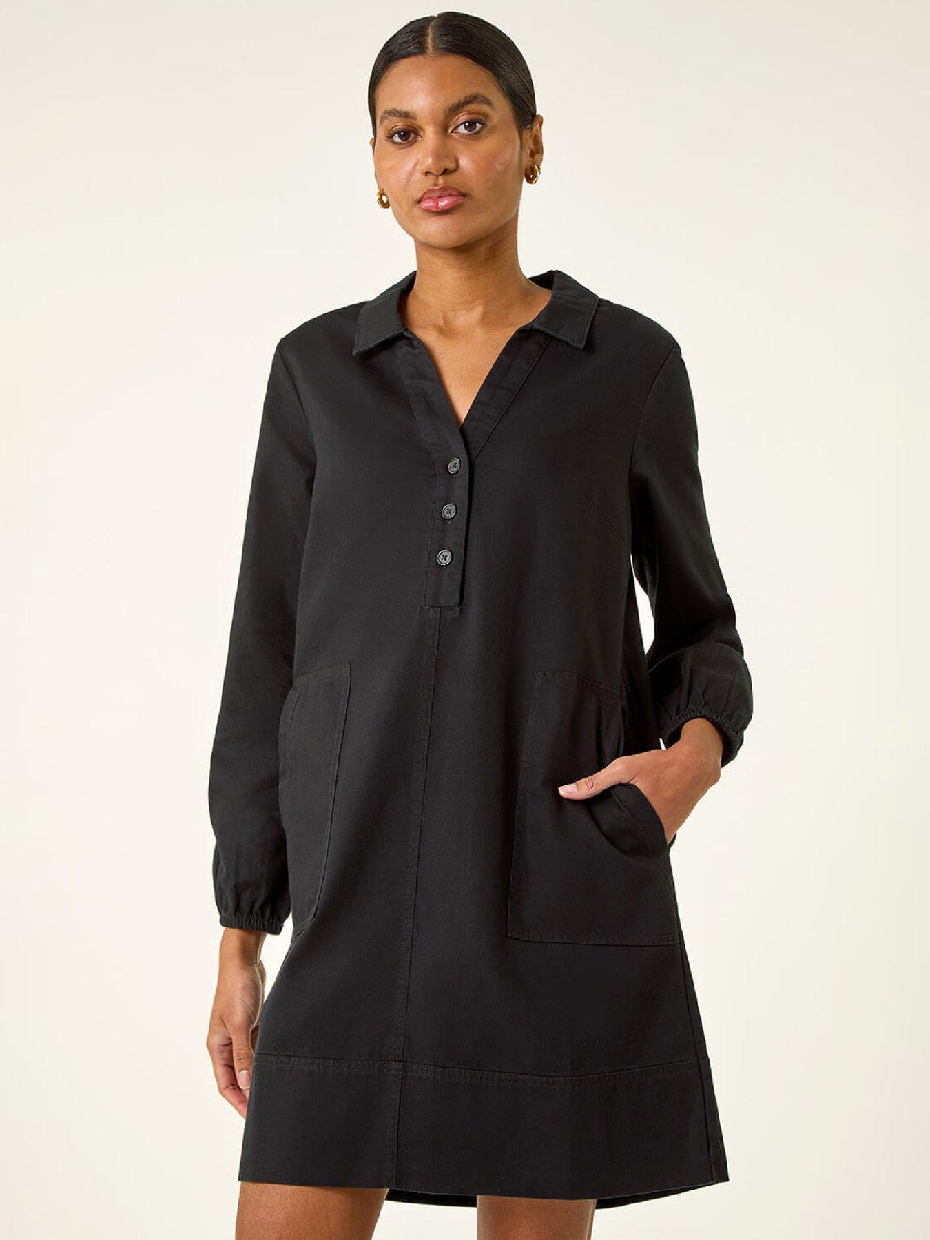 Roman Collared Shift Shirt Dress - Black