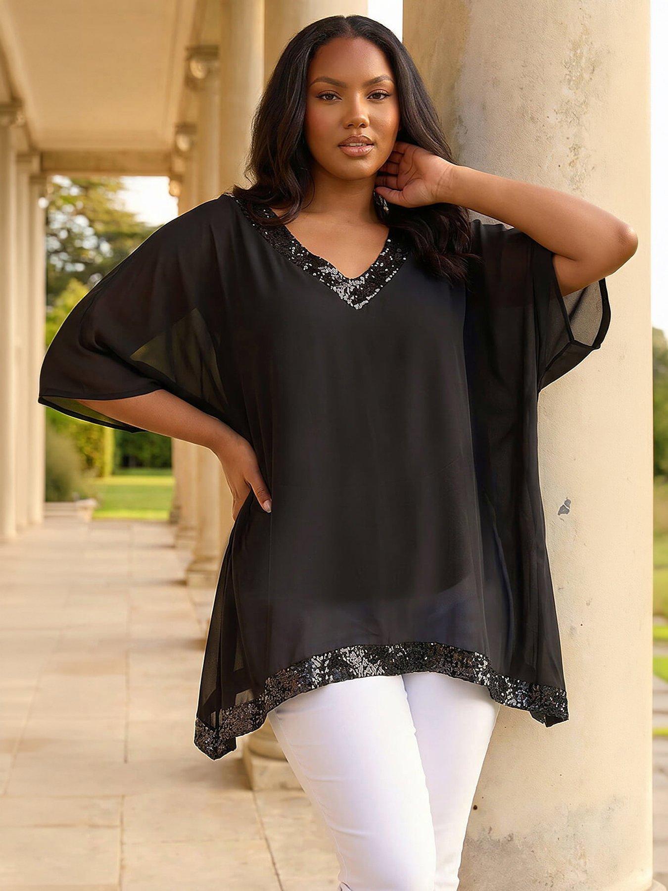 Roman Curve Sequin Trim V-Neck Kaftan - Black