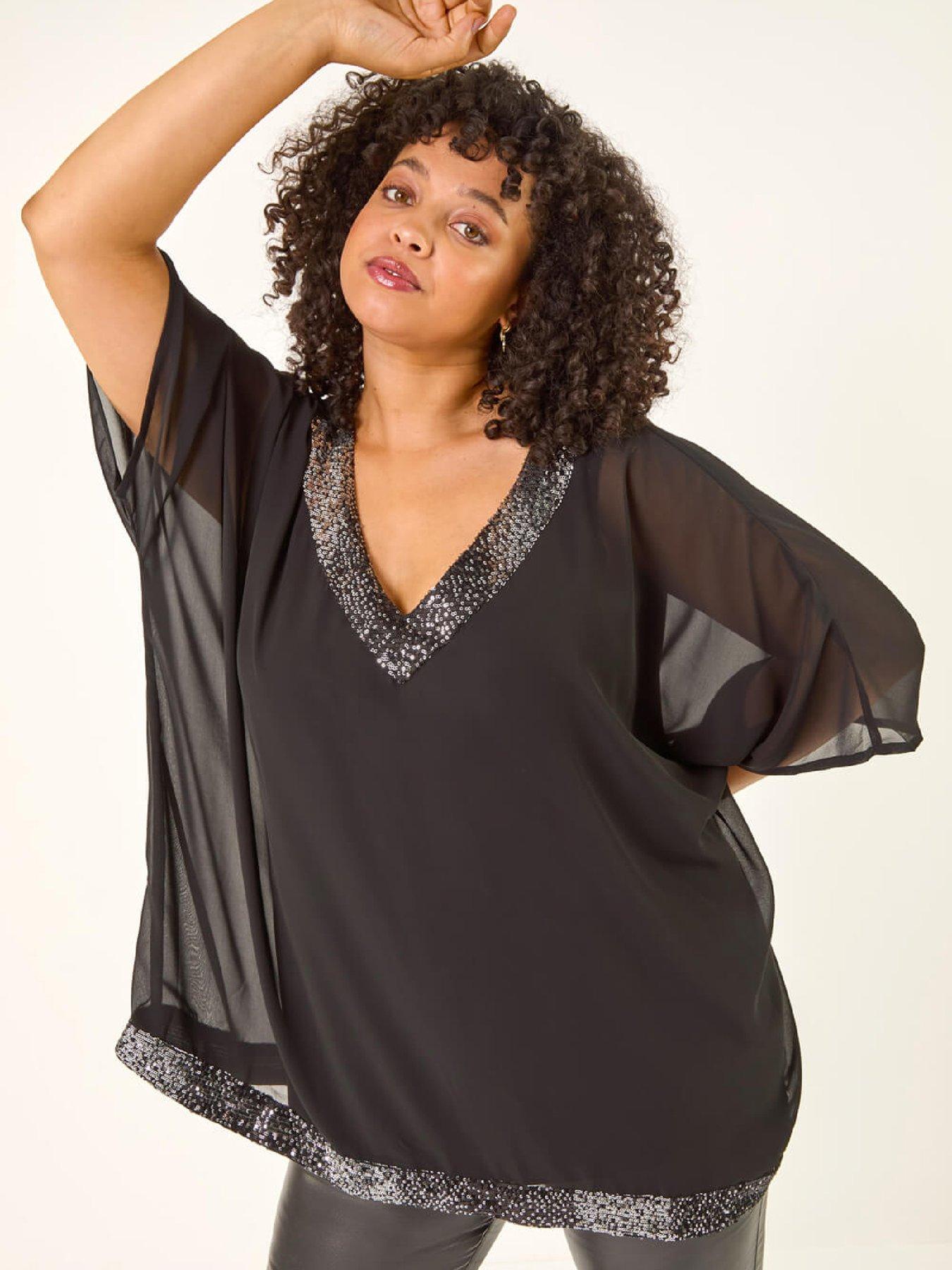 Roman Curve Sequin Trim V-neck Kaftan - Black