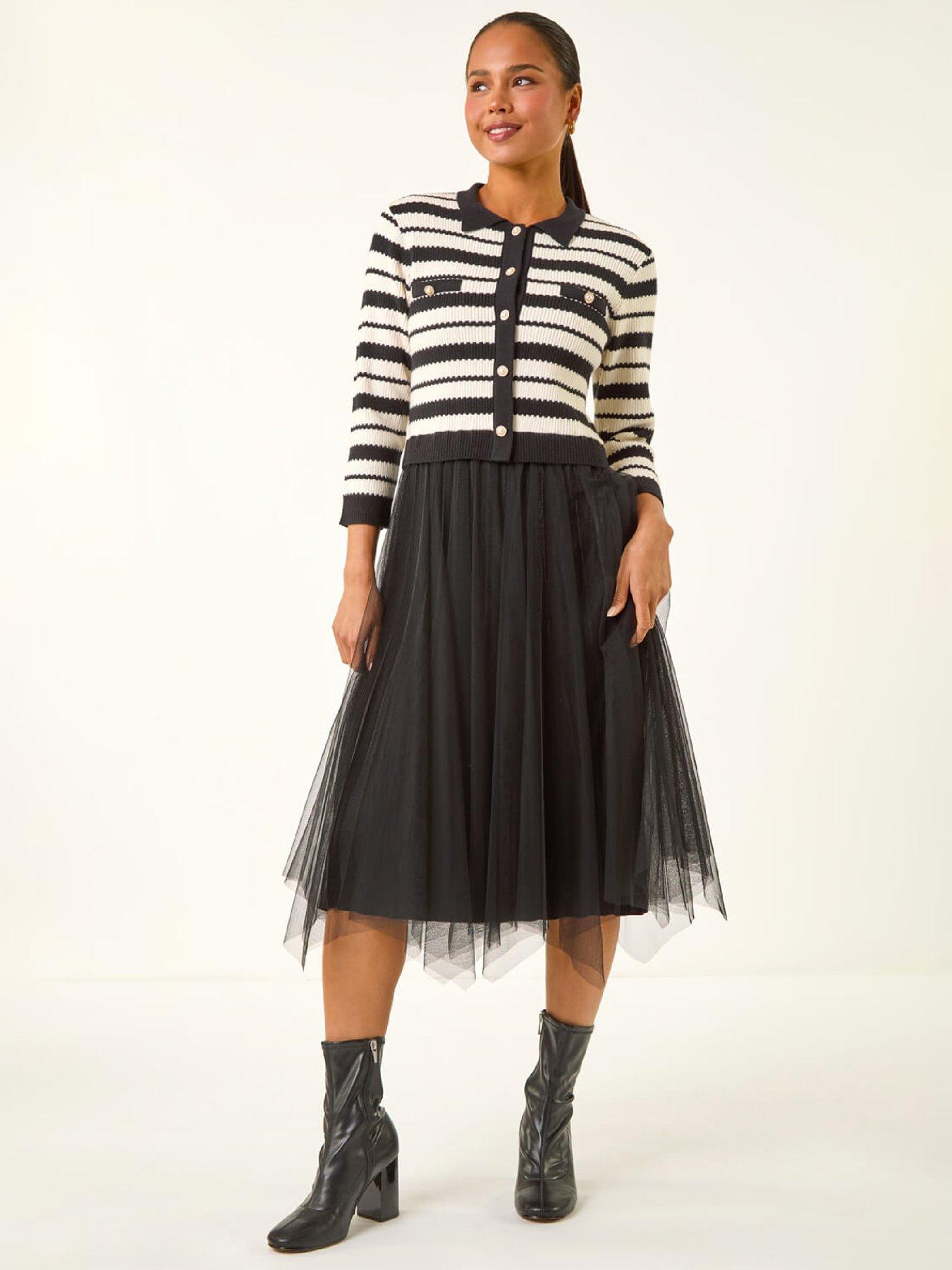 Roman Petite Stripe Knit Midi Dress - Black