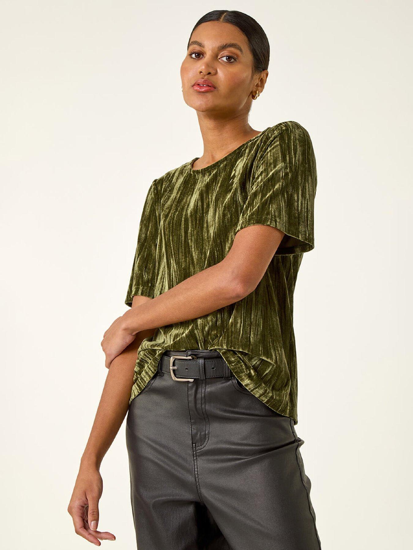 Roman Pleated Velvet Stretch Top - Green