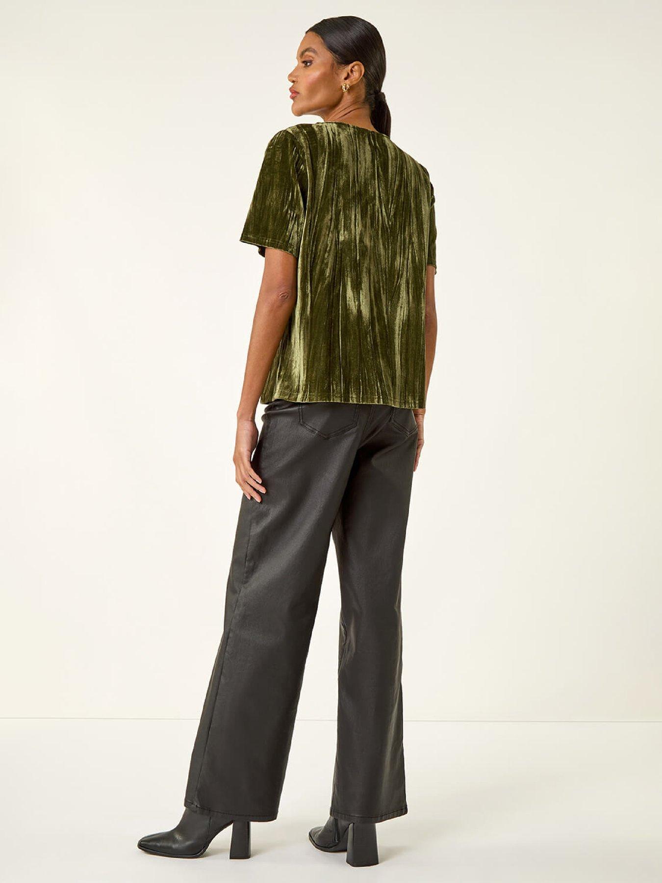 Image 2 of 5 of Roman Pleated Velvet Stretch Top - Green