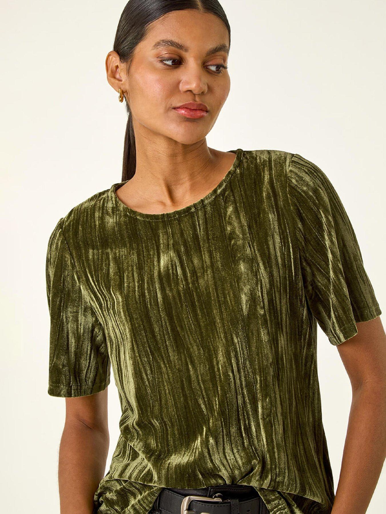 Image 4 of 5 of Roman Pleated Velvet Stretch Top - Green