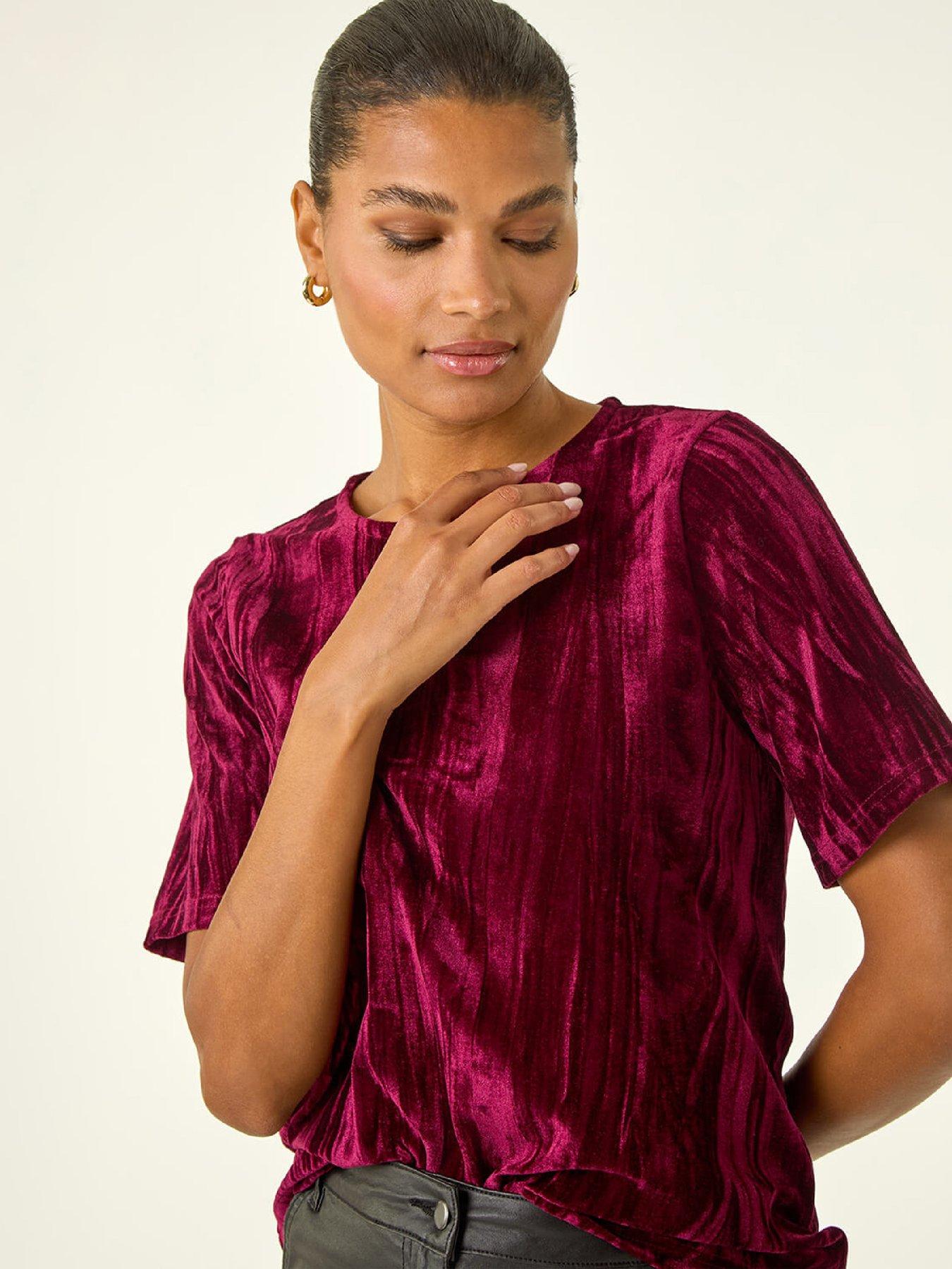 Roman Pleated Velvet Stretch Top - Wine