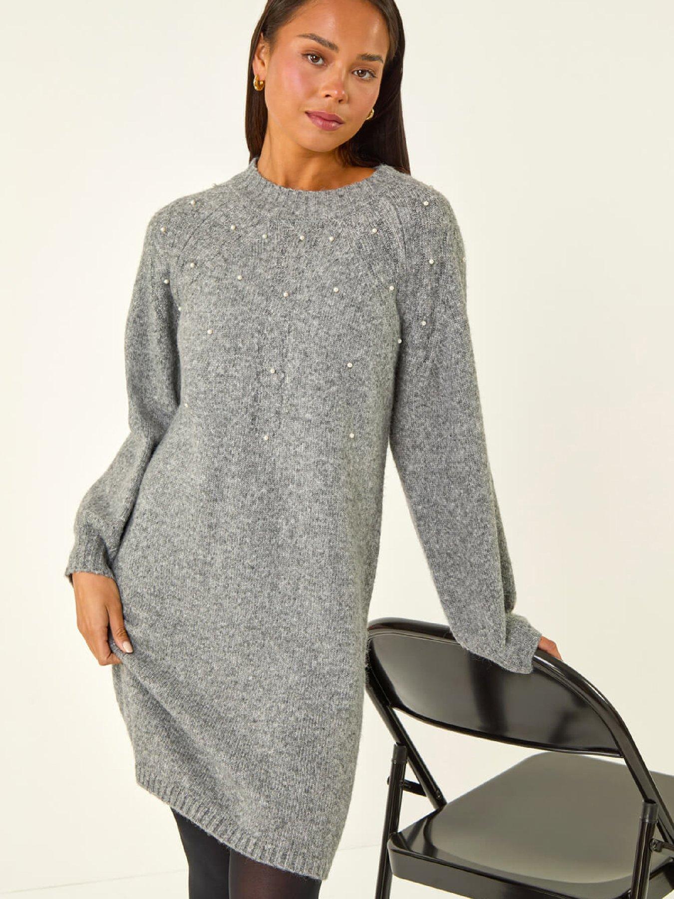 Roman Petite Faux Pearl Knit Dress - Grey | Very