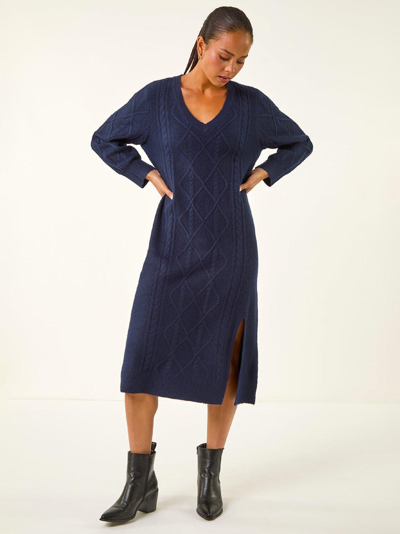 Roman Petite V-neck Knit Midi Dress - Navy | Very