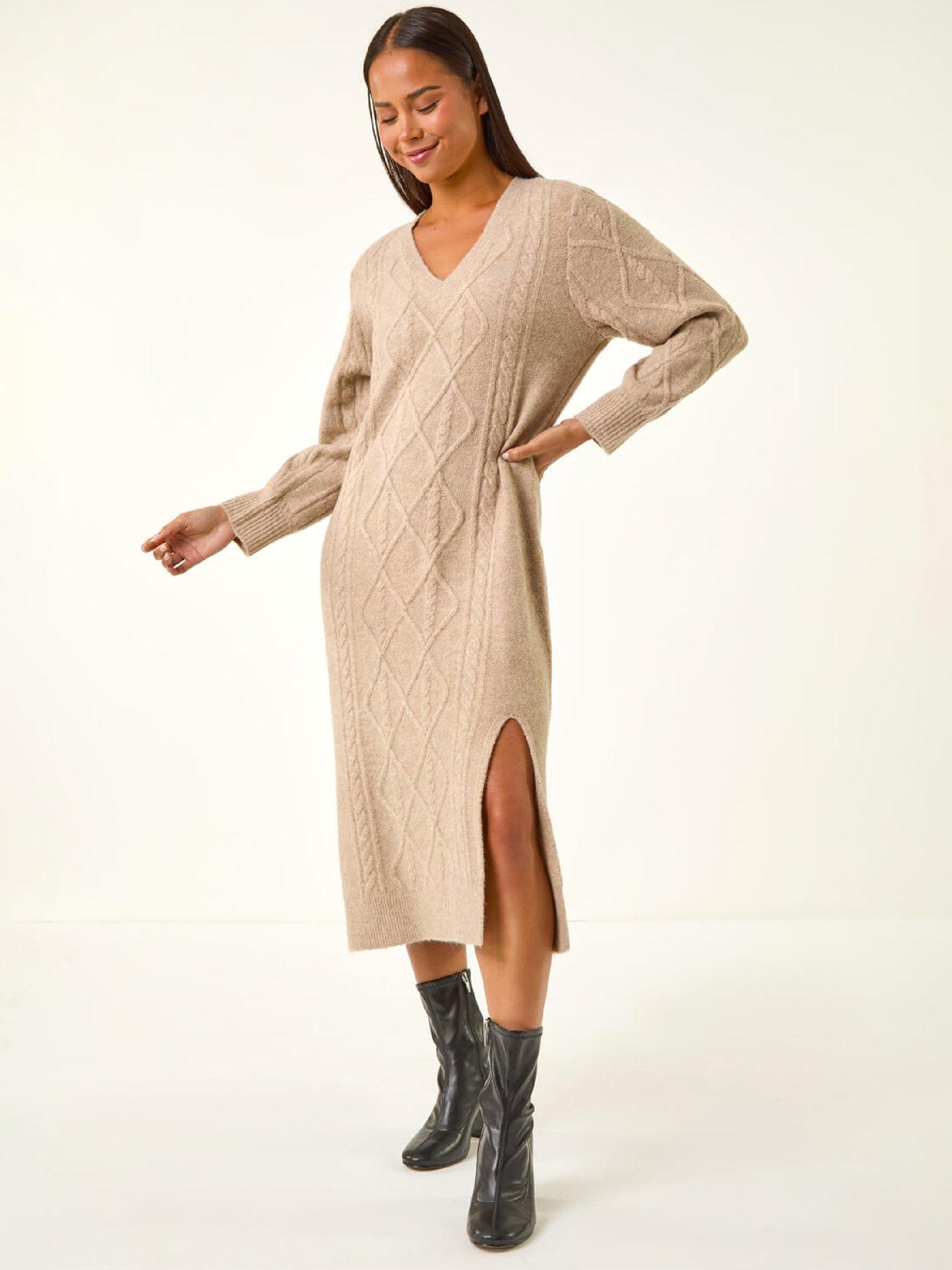 Roman Petite V-neck Knit Midi Dress - Beige
