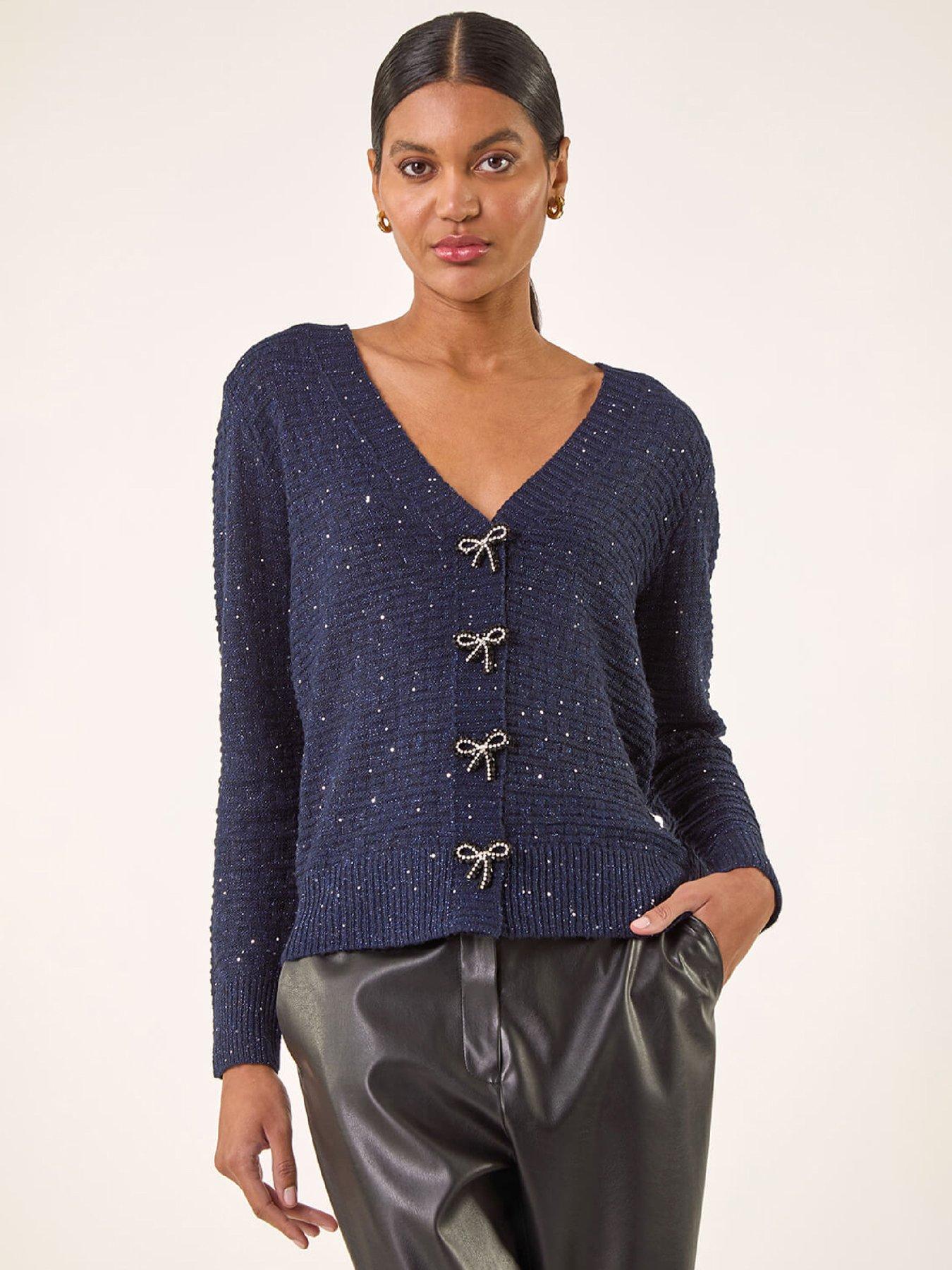 Roman Bow Embellished Sequin Knit Cardigan - Navy