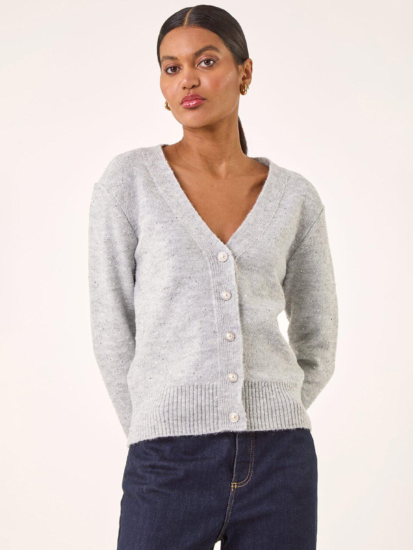 Roman Sequin V-neck Buttoned Cardigan - Grey