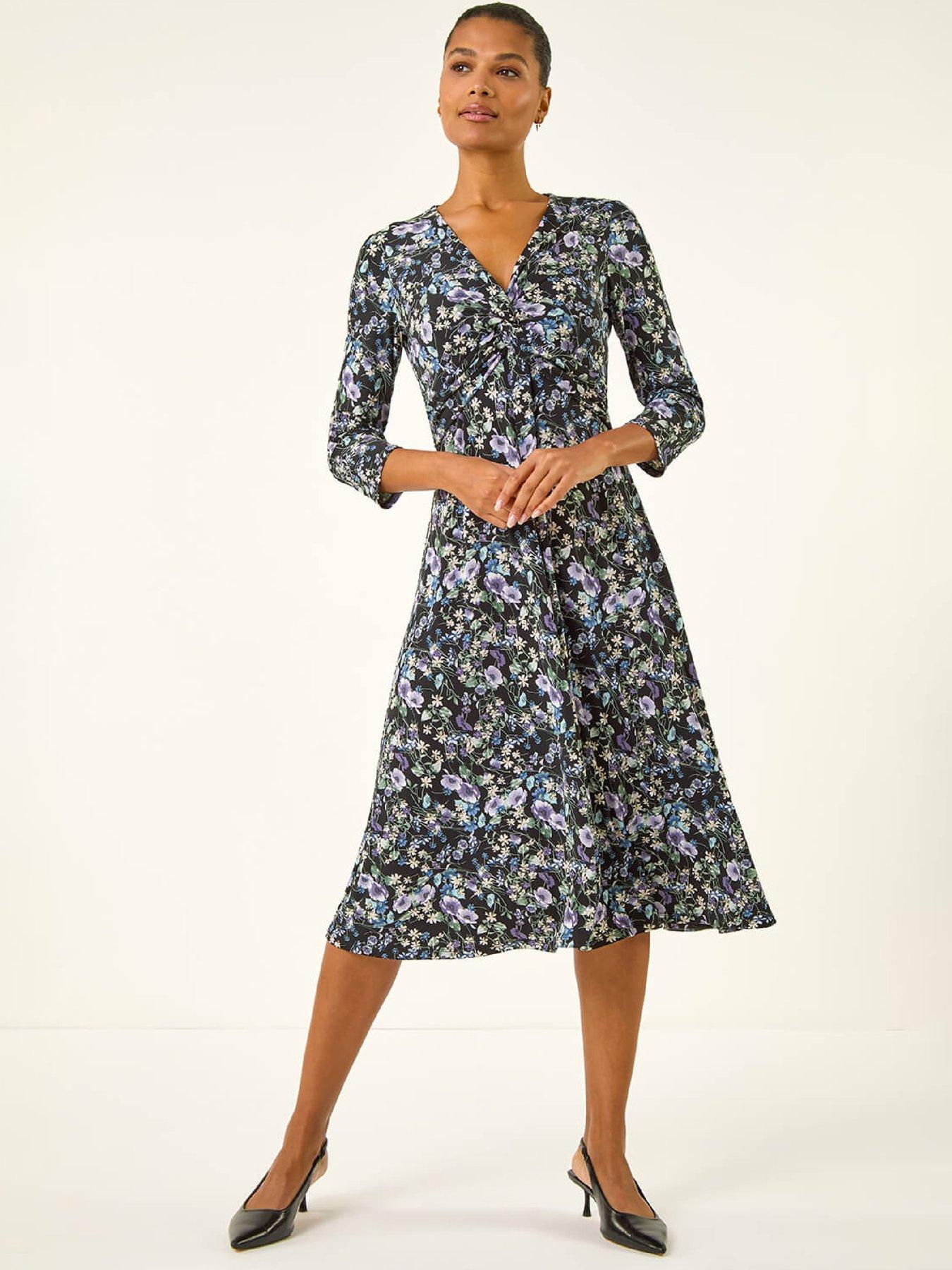 Roman Floral Twisted Front Stretch Midi Dress, Purple, Size 18, Women