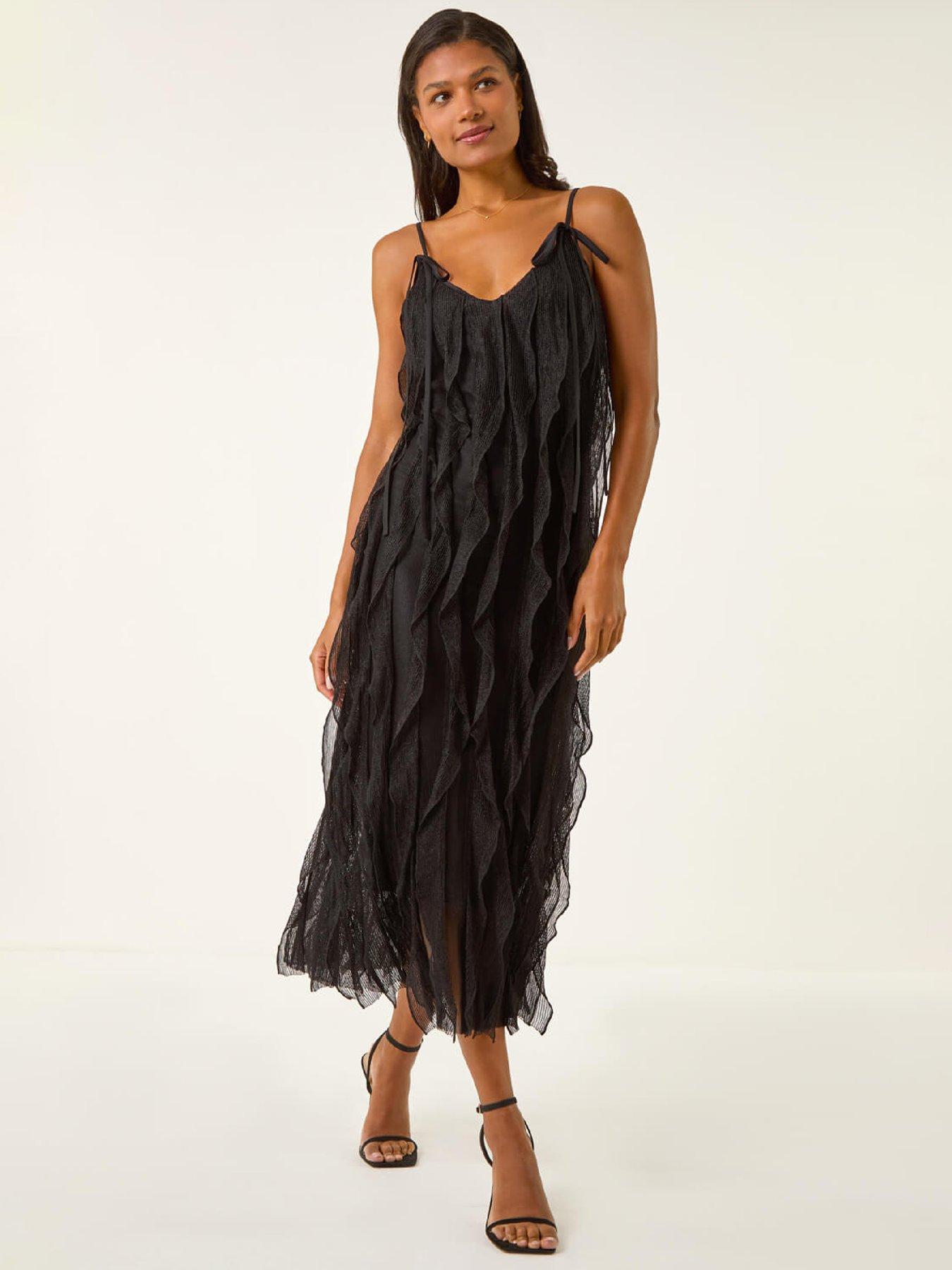Roman Dusk Frill Stretch Maxi Dress - Black