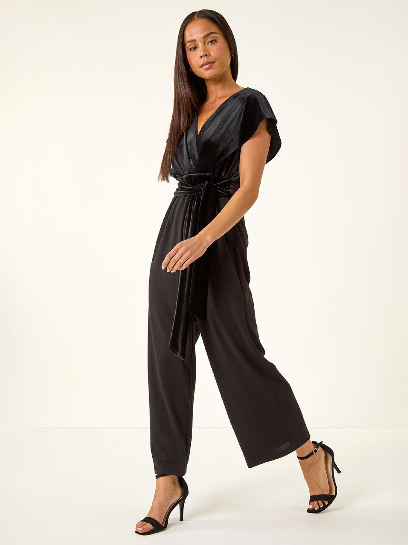 Roman Petite Velvet Contrast Jumpsuit - Black | Very