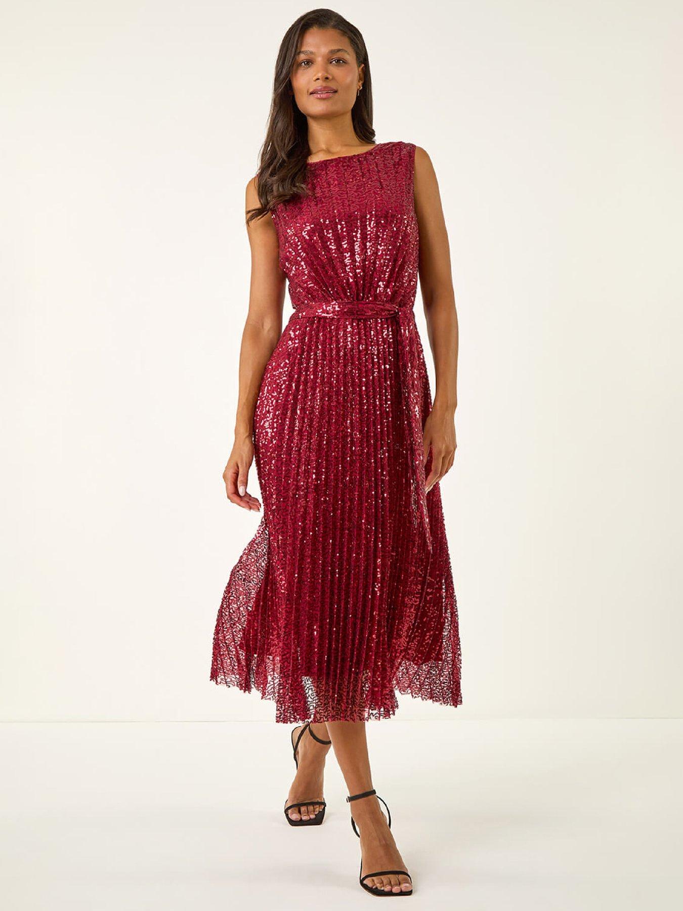 Roman Sequin Detail Pleated Midi Dress - Red