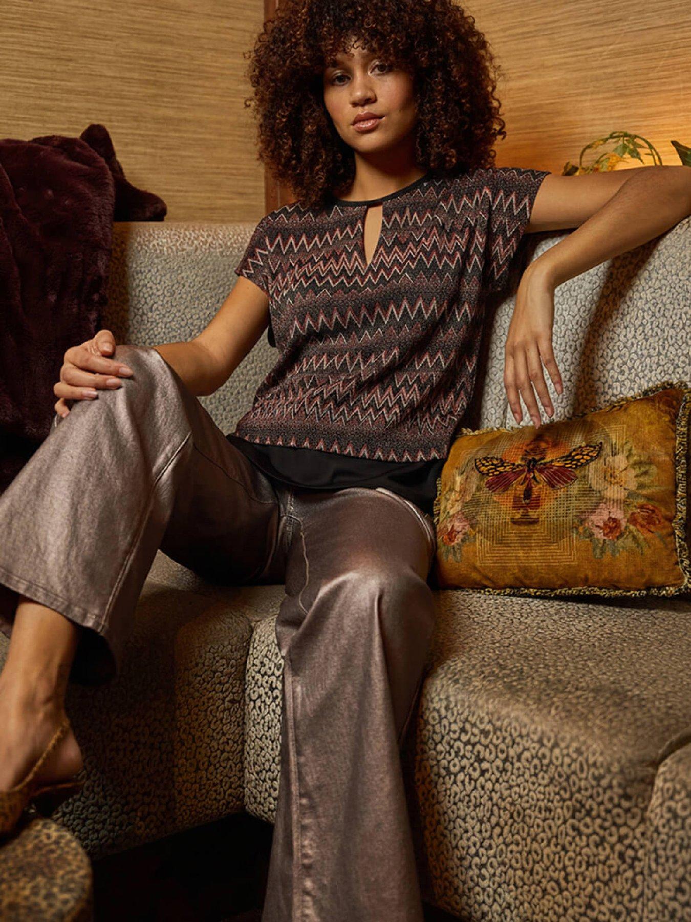 Roman Zig Zag Print Bubble Hem Top - Bronze