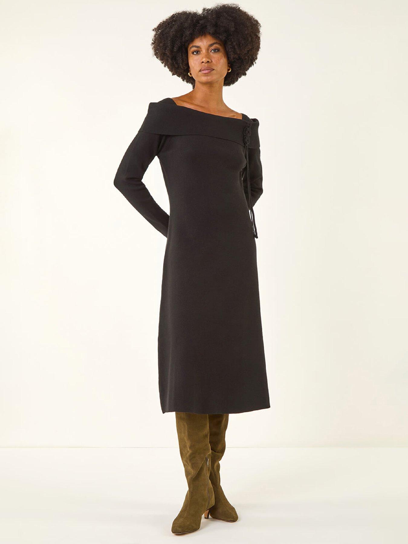 Roman Floral Bardot Knit Midi Dress - Black