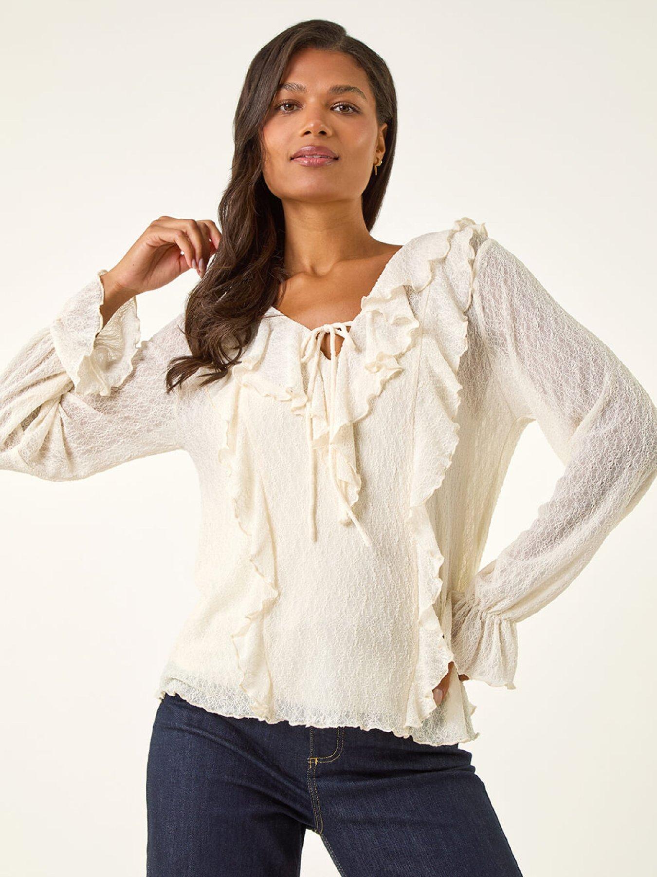 Image 1 of 5 of Roman Lace Ruffle Front Top - Ivory