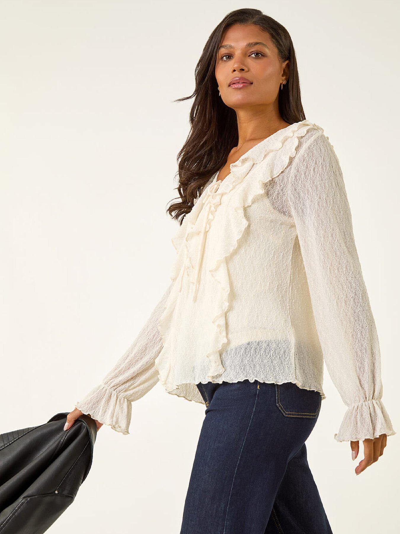 Image 4 of 5 of Roman Lace Ruffle Front Top - Ivory