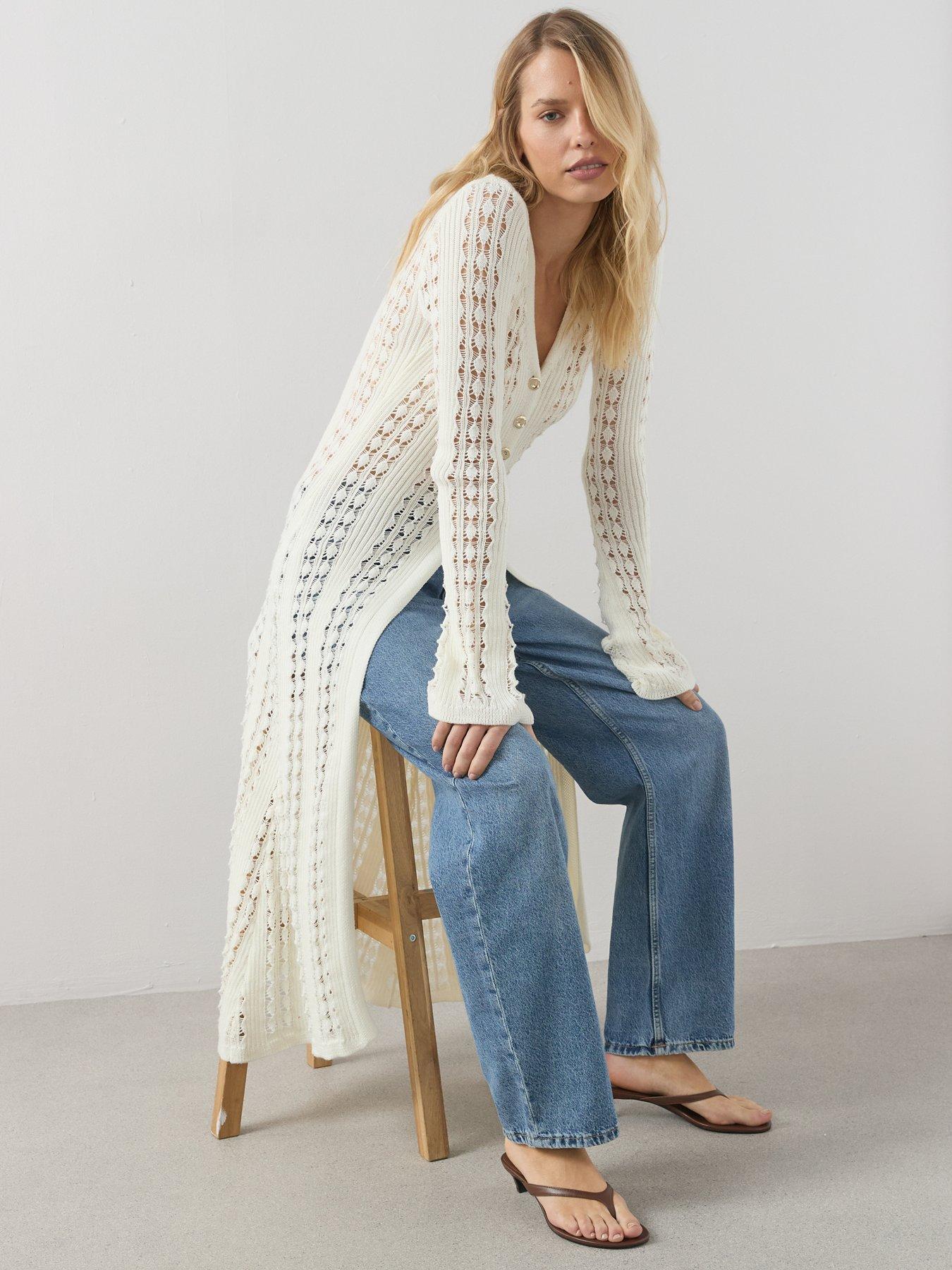 Image 6 of 6 of The Very Collection Longline Crochet Maxi Cardigan - Cream
