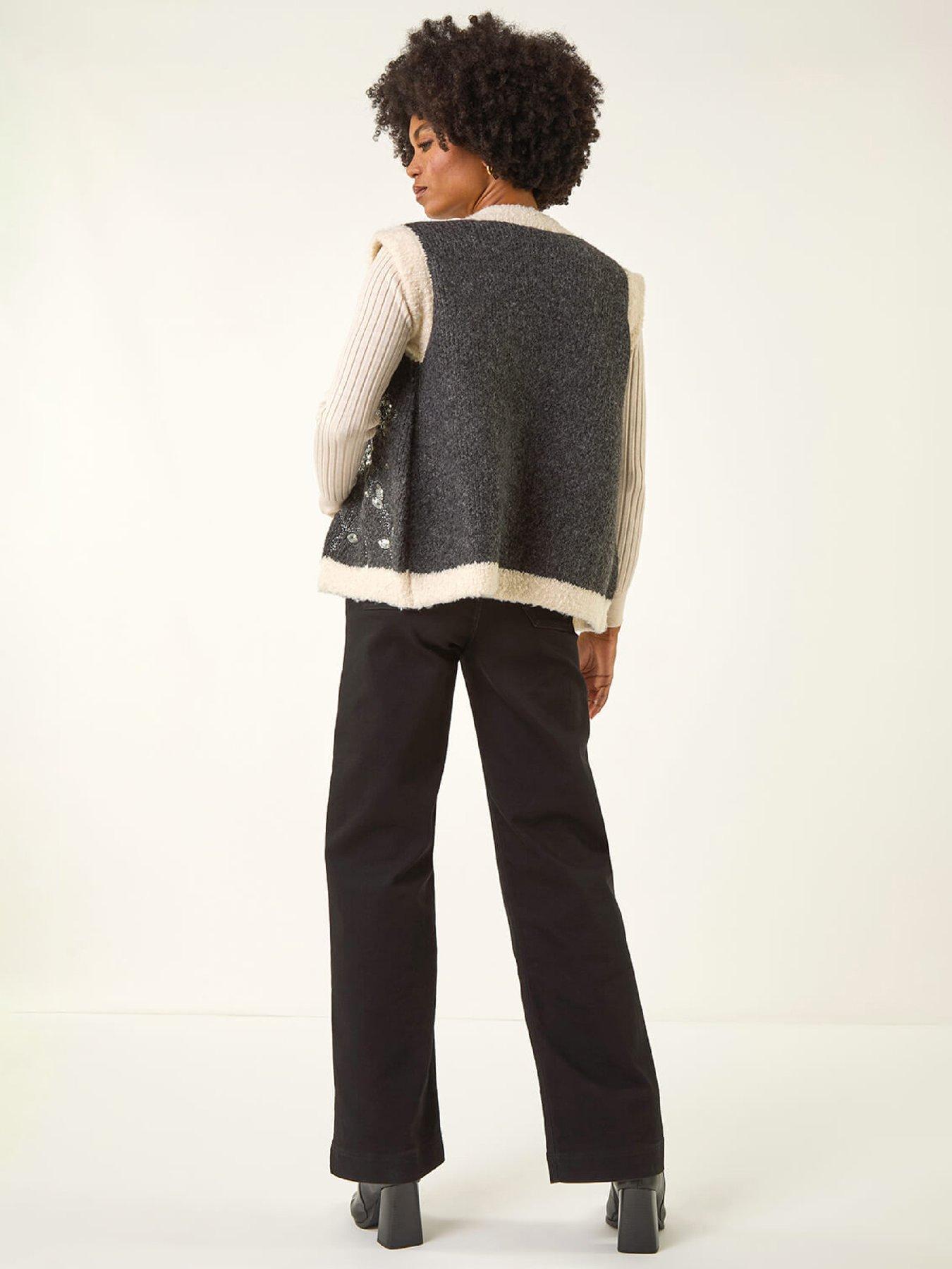 Image 2 of 5 of Roman Fur Trim Embroidered Knit Waistcoat - Black