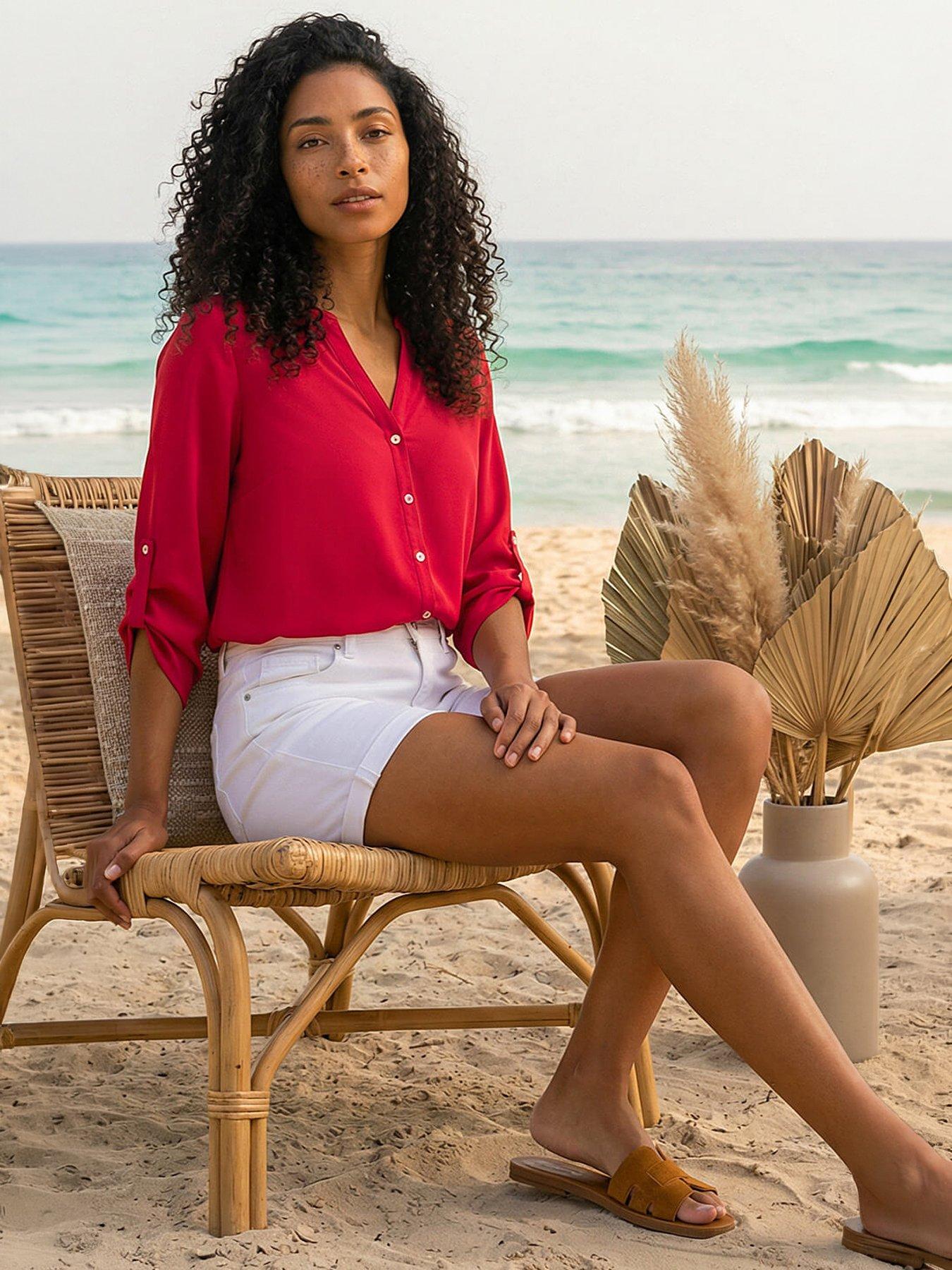 Roman Notch Neck Longline Blouse - Red, Red, Size 16, Women