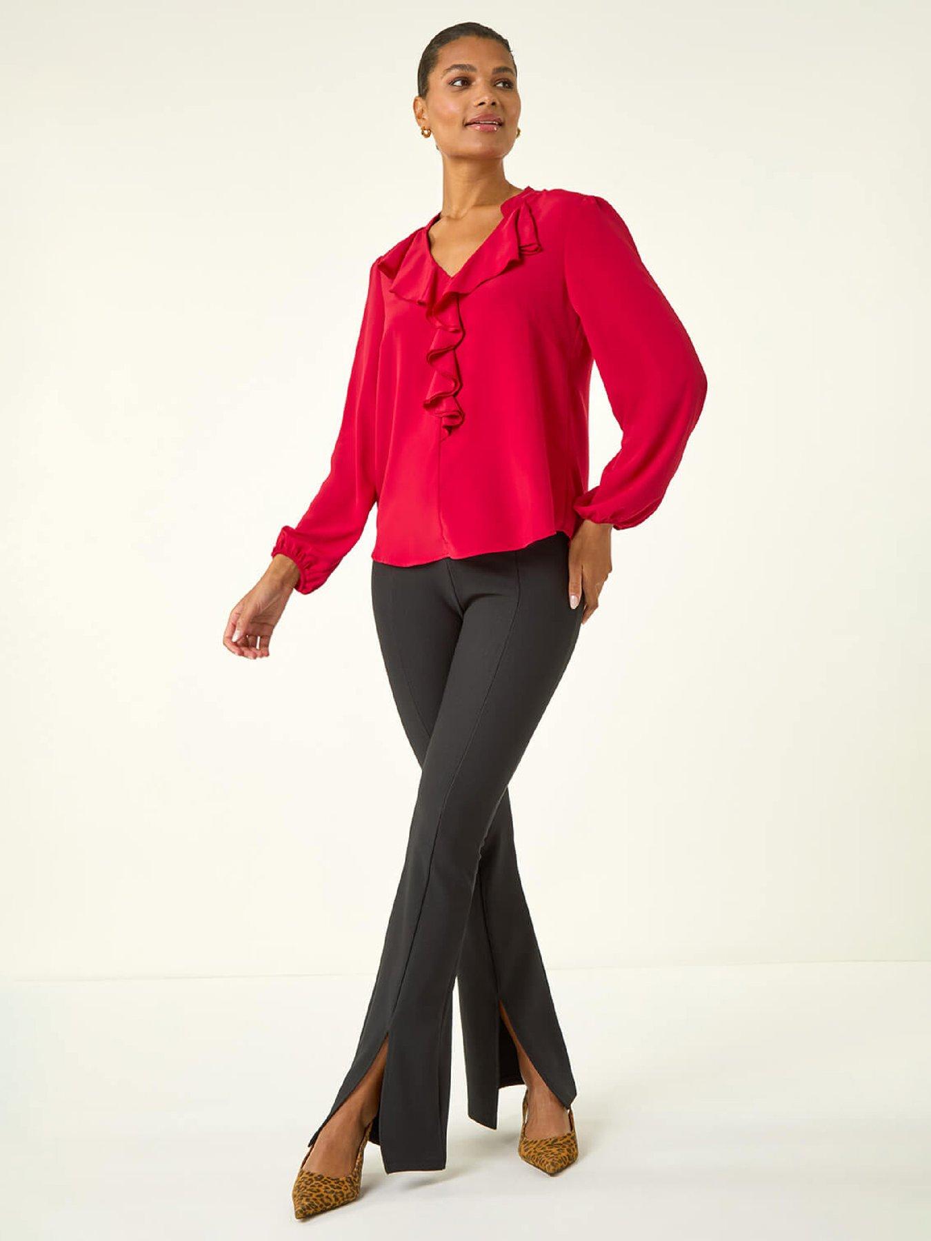 Roman Plain Ruffle Neck Top - Red | Very