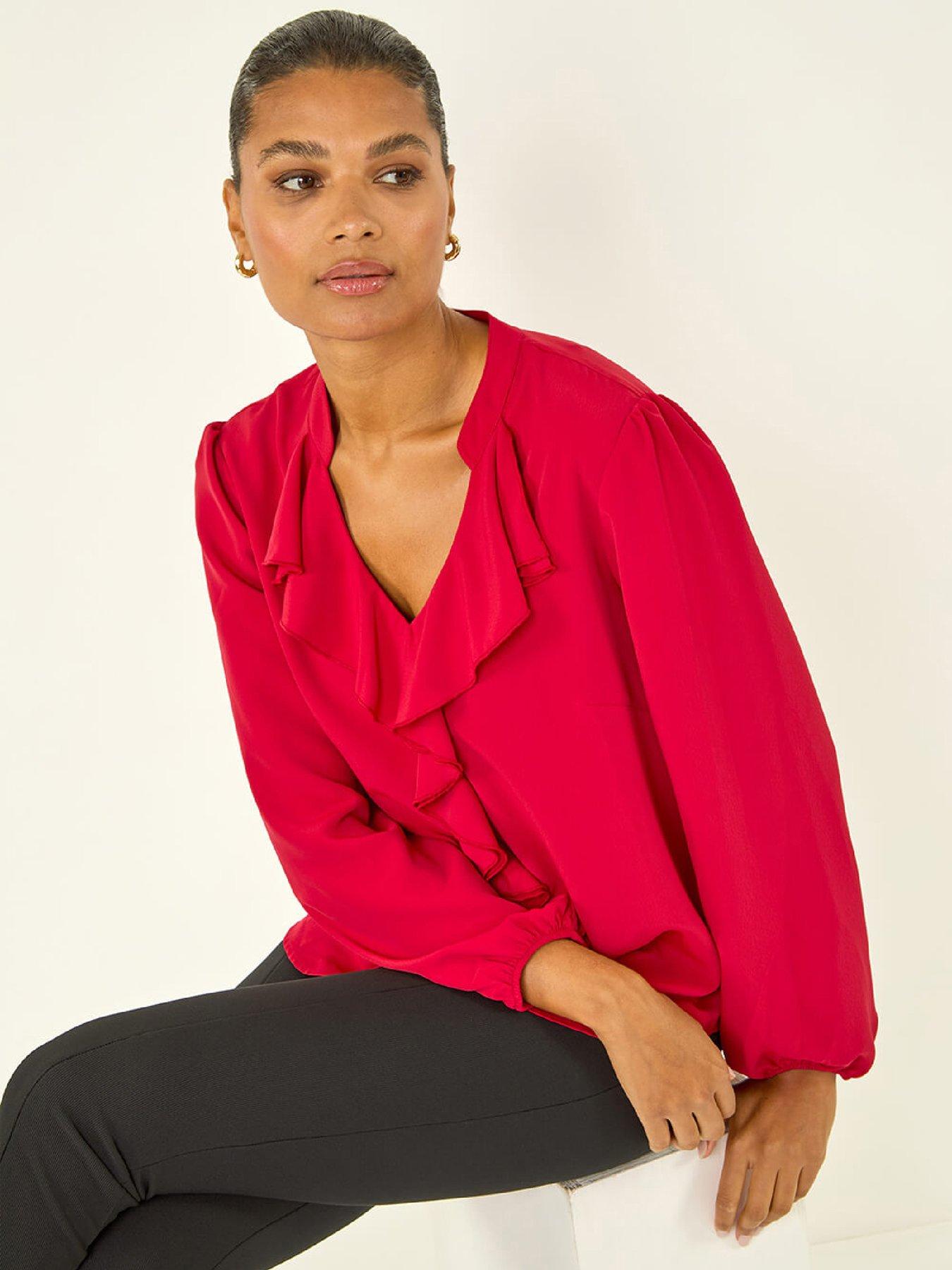 Roman Plain Ruffle Neck Top - Red | Very