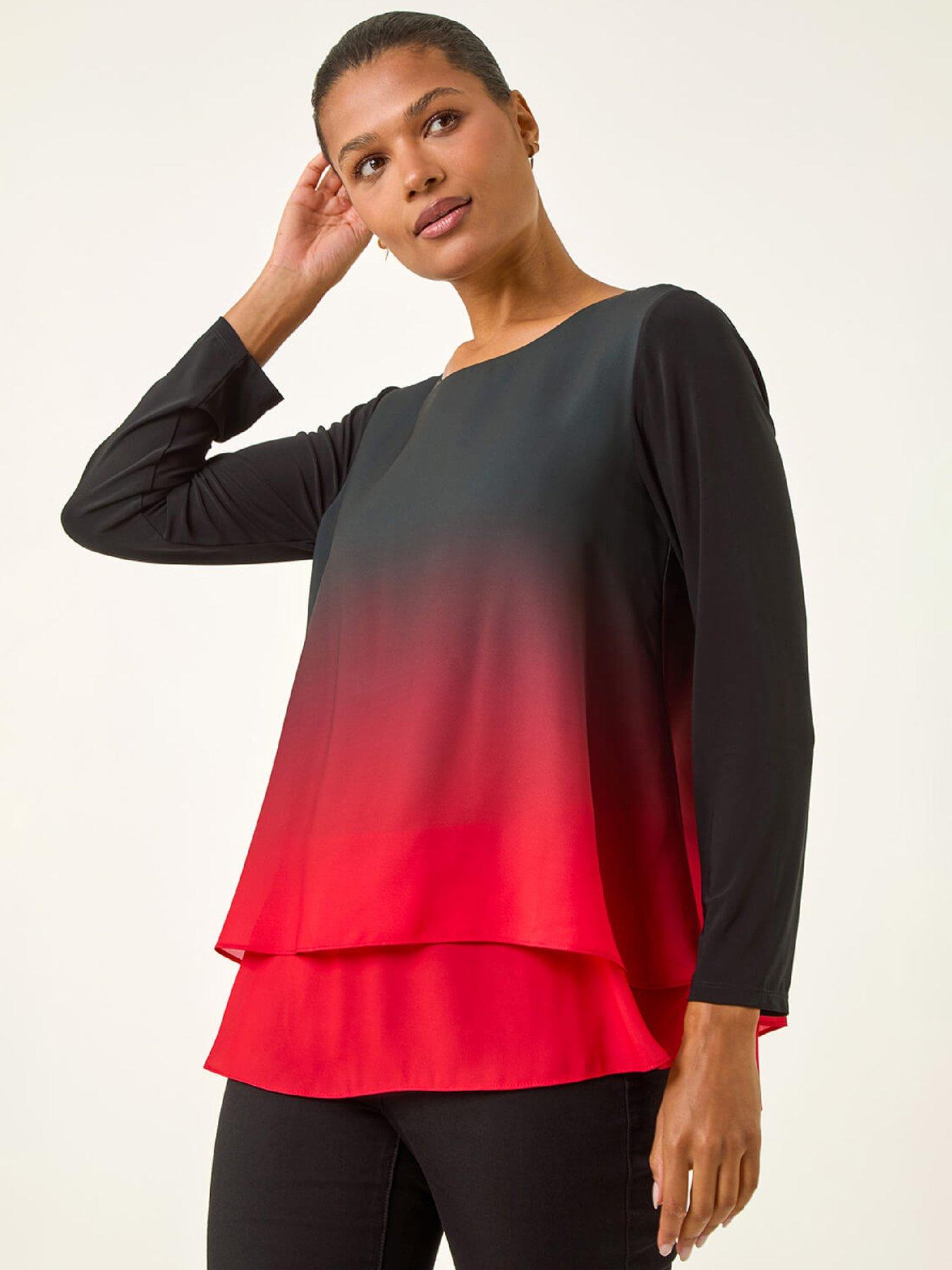 Roman Ombre Chiffon Overlay Top, Red, Size 12, Women