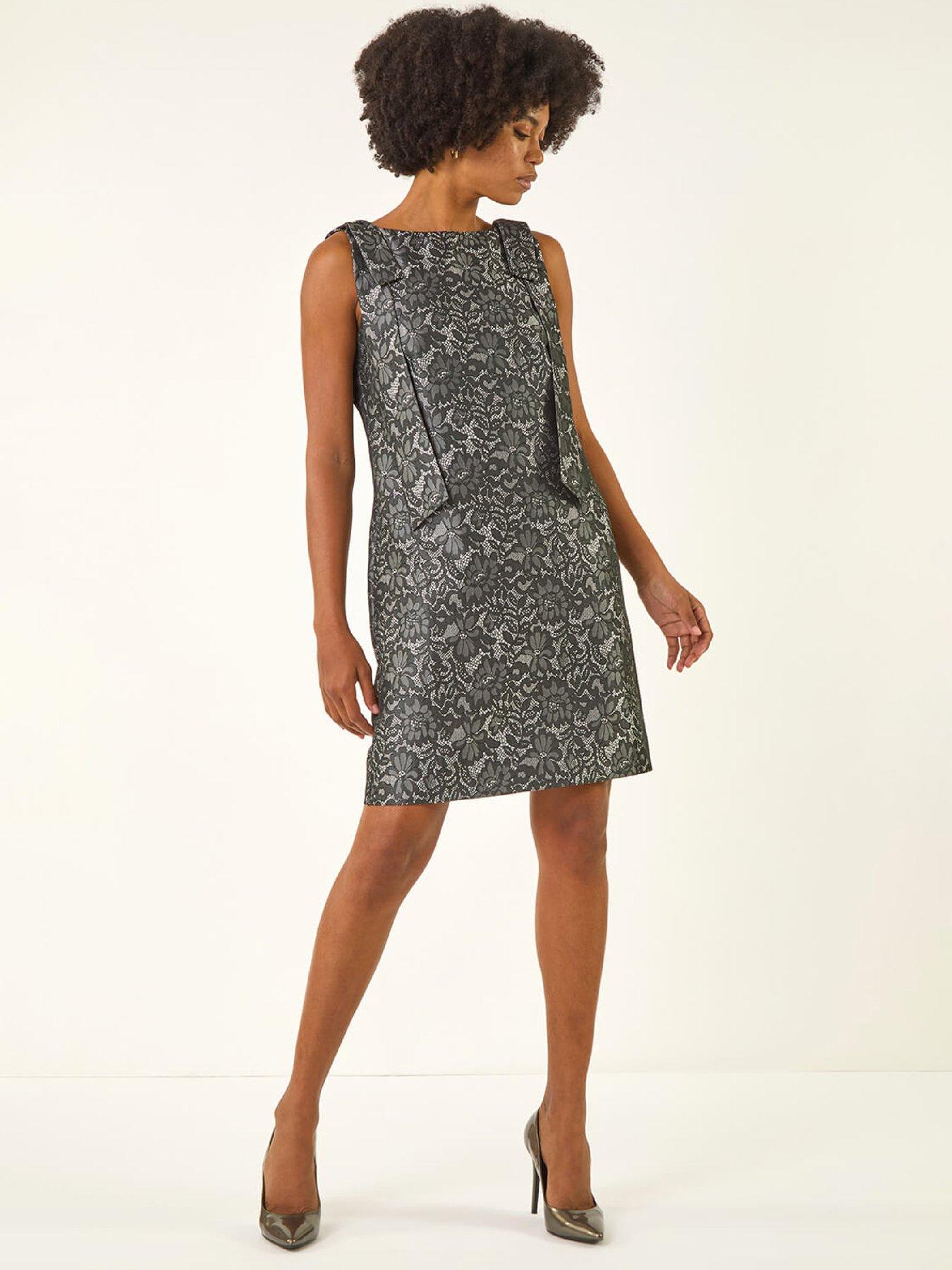 Roman Lace Bow Detail Stretch Dress - Grey