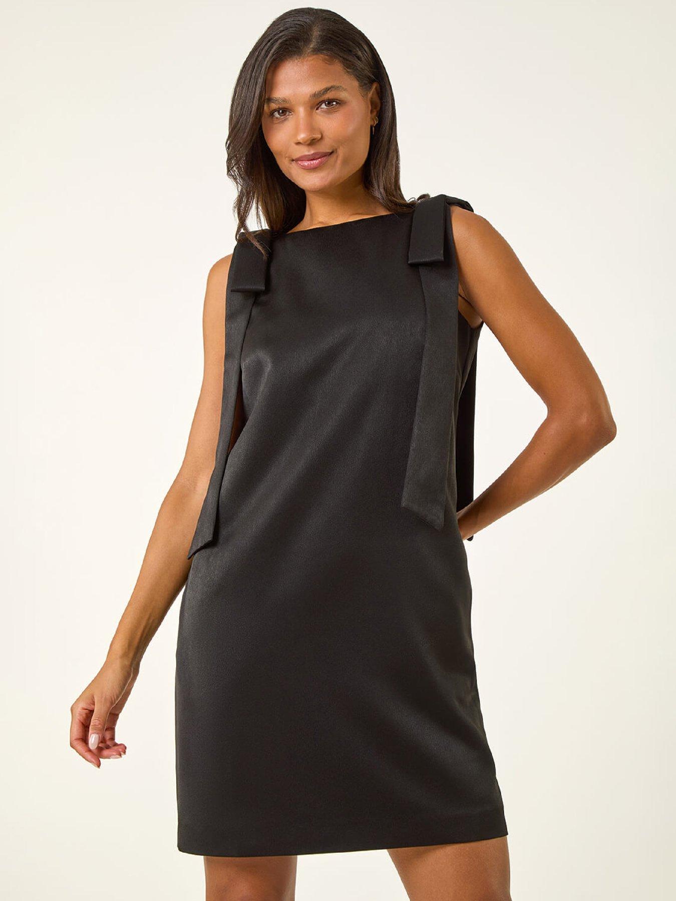 Image 6 of 6 of Roman Satin Bow Detail Shift Dress - Black
