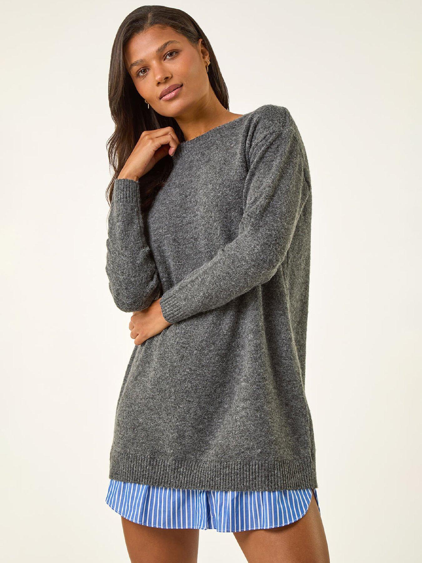 Roman Mock Shirt Knitted Dress - Grey