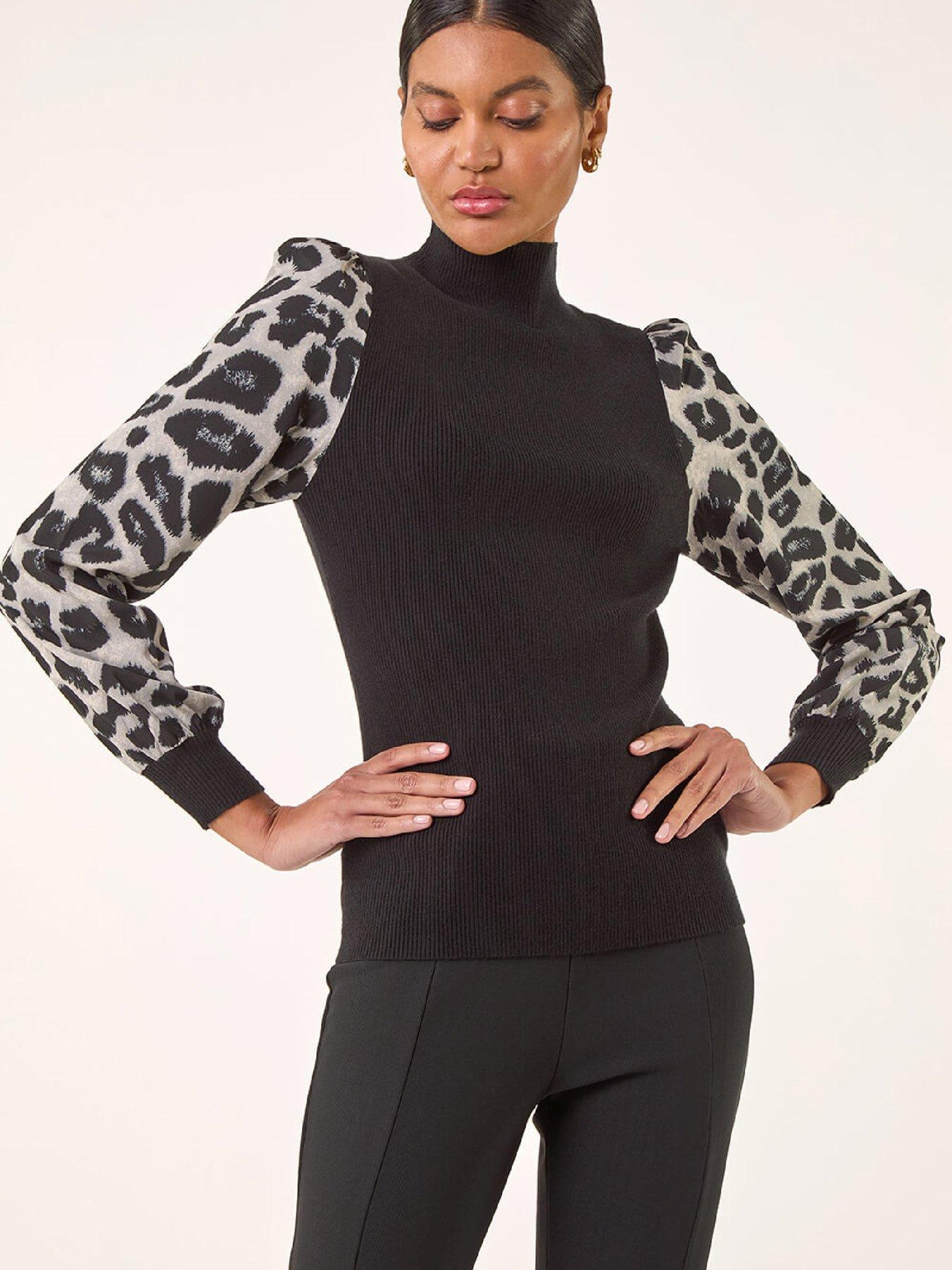 Roman Animal Print Mesh Sleeve Knit - Black
