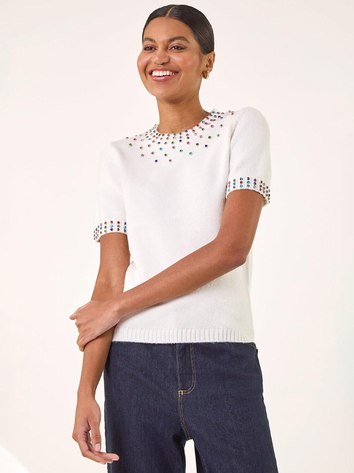 Roman Embellished Neck Knitted Top - Ivory